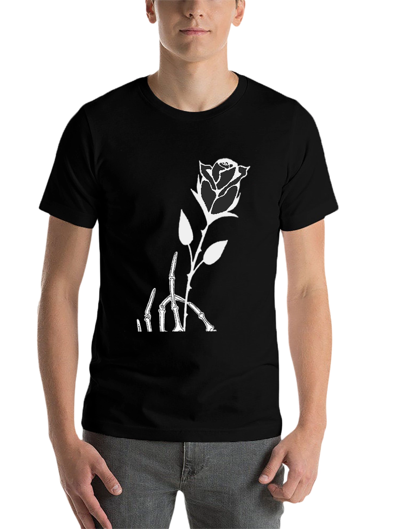 Black Rose Skeleton Graphic Print Black T-Shirt view 7