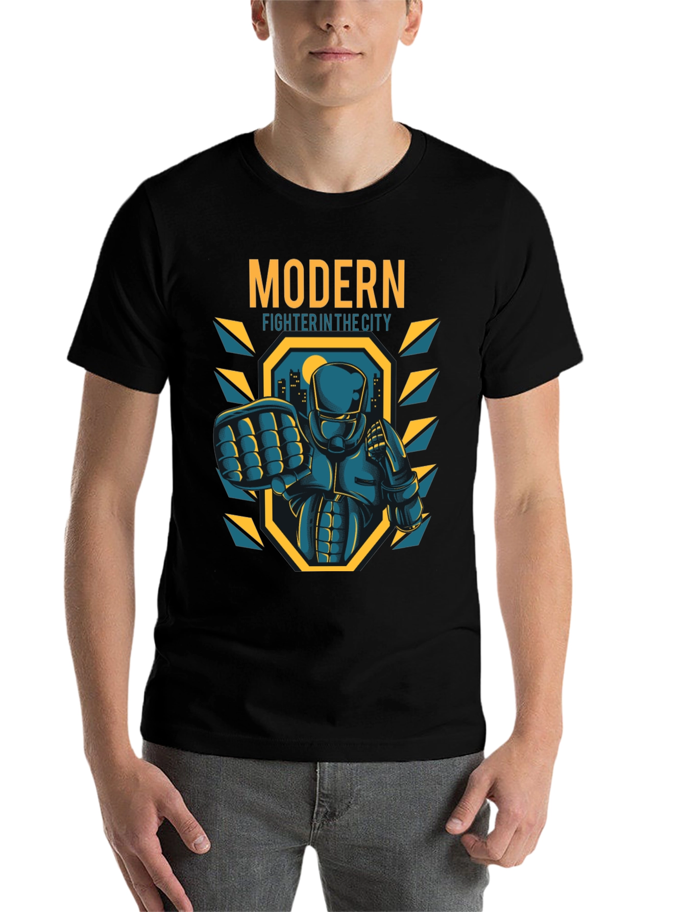 Black Modern Fighter City T-Shirt - Cool Graphic Tee view 7