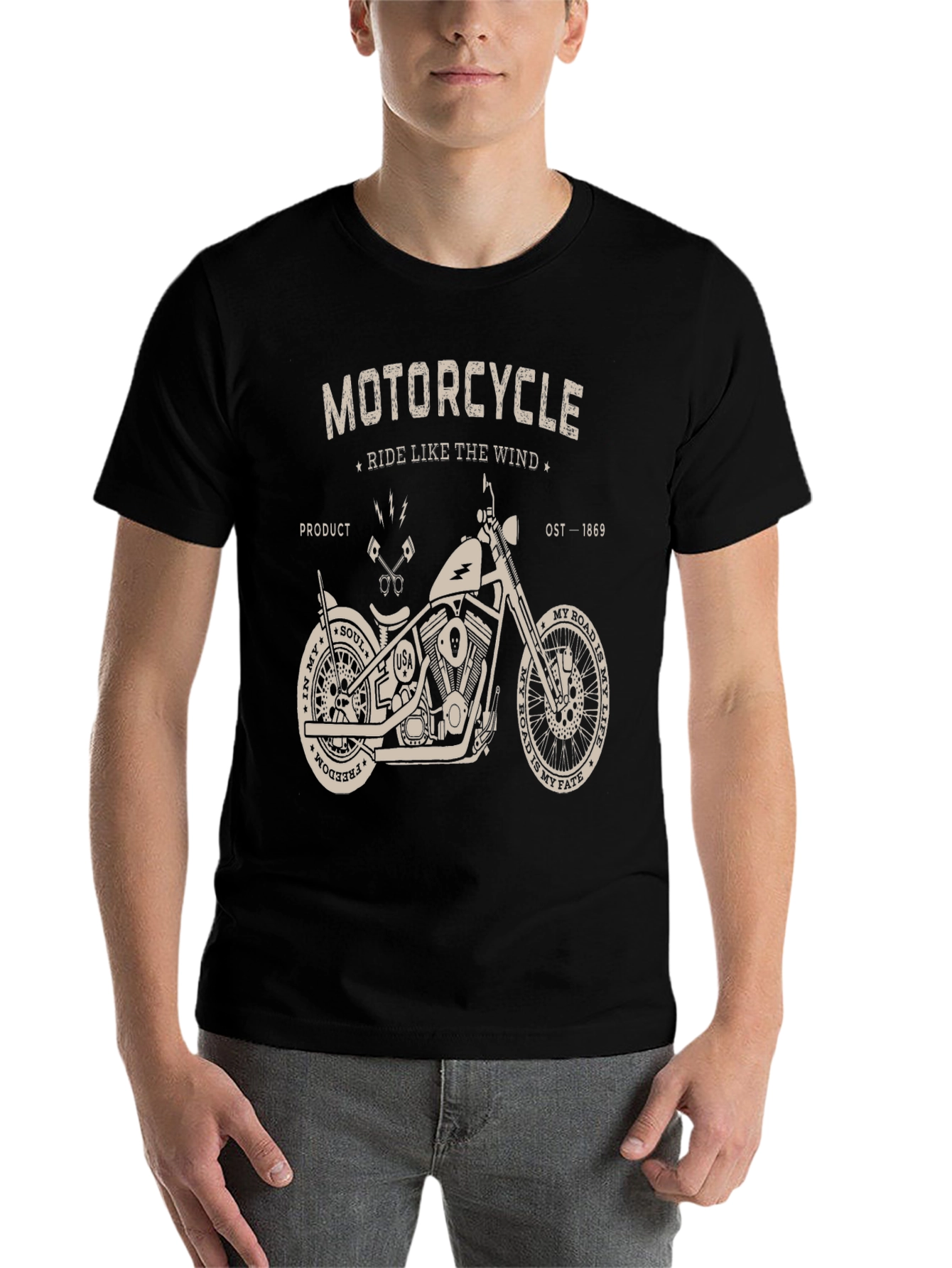 Black Motorcycle Ride Like The Wind Graphic T-Shirt view 7