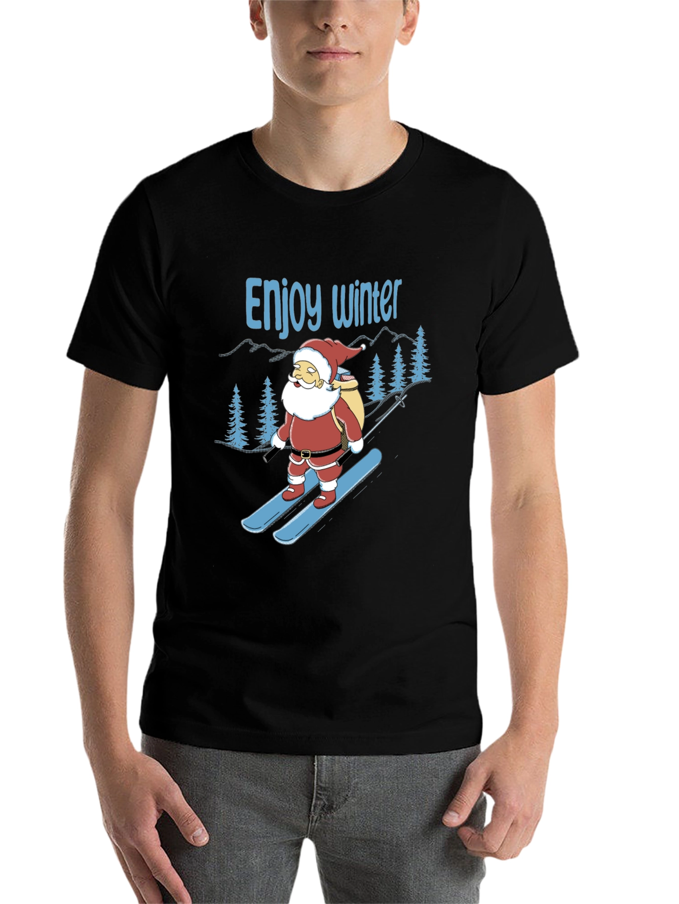 Black Enjoy Winter Santa Skiing Graphic Tee view 7