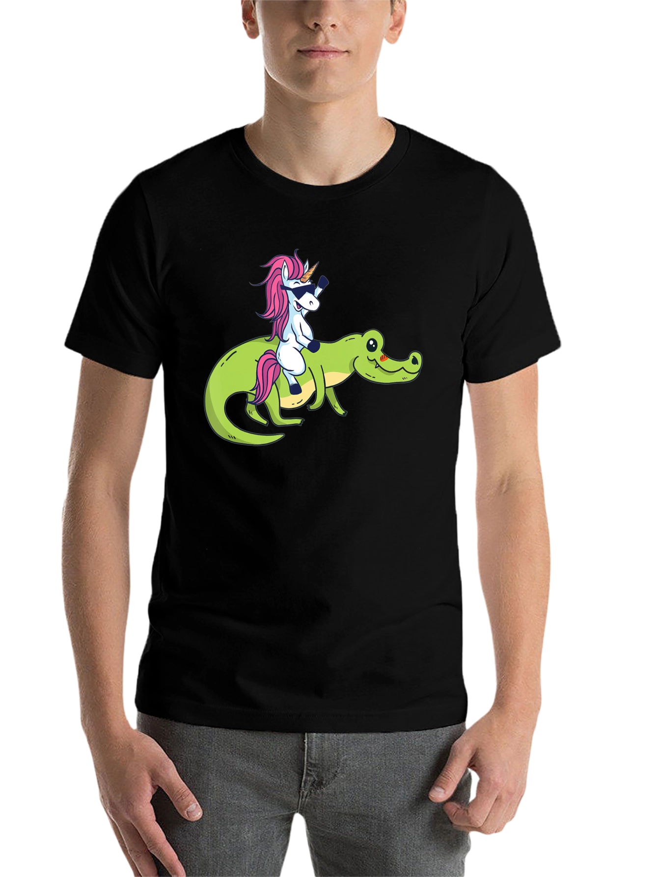Black Unicorn Riding Alligator Graphic T-Shirt view 7