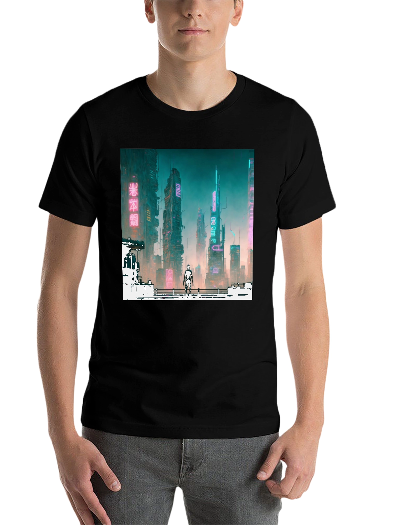 Black Cyberpunk Cityscape Graphic Tee - Futuristic Fashion view 7