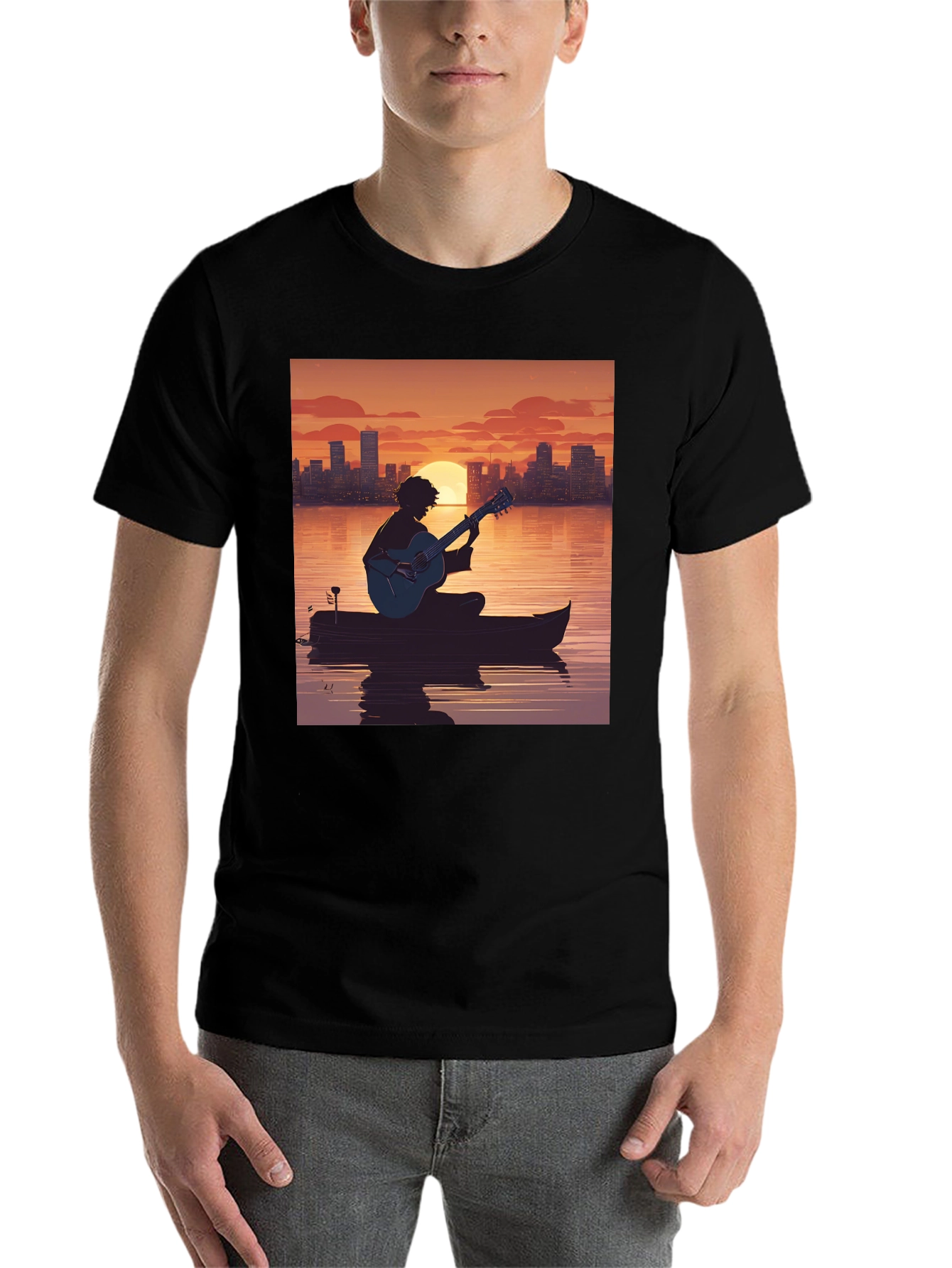 Black Sunset Guitarist T-Shirt - City Skyline Silhouette view 7
