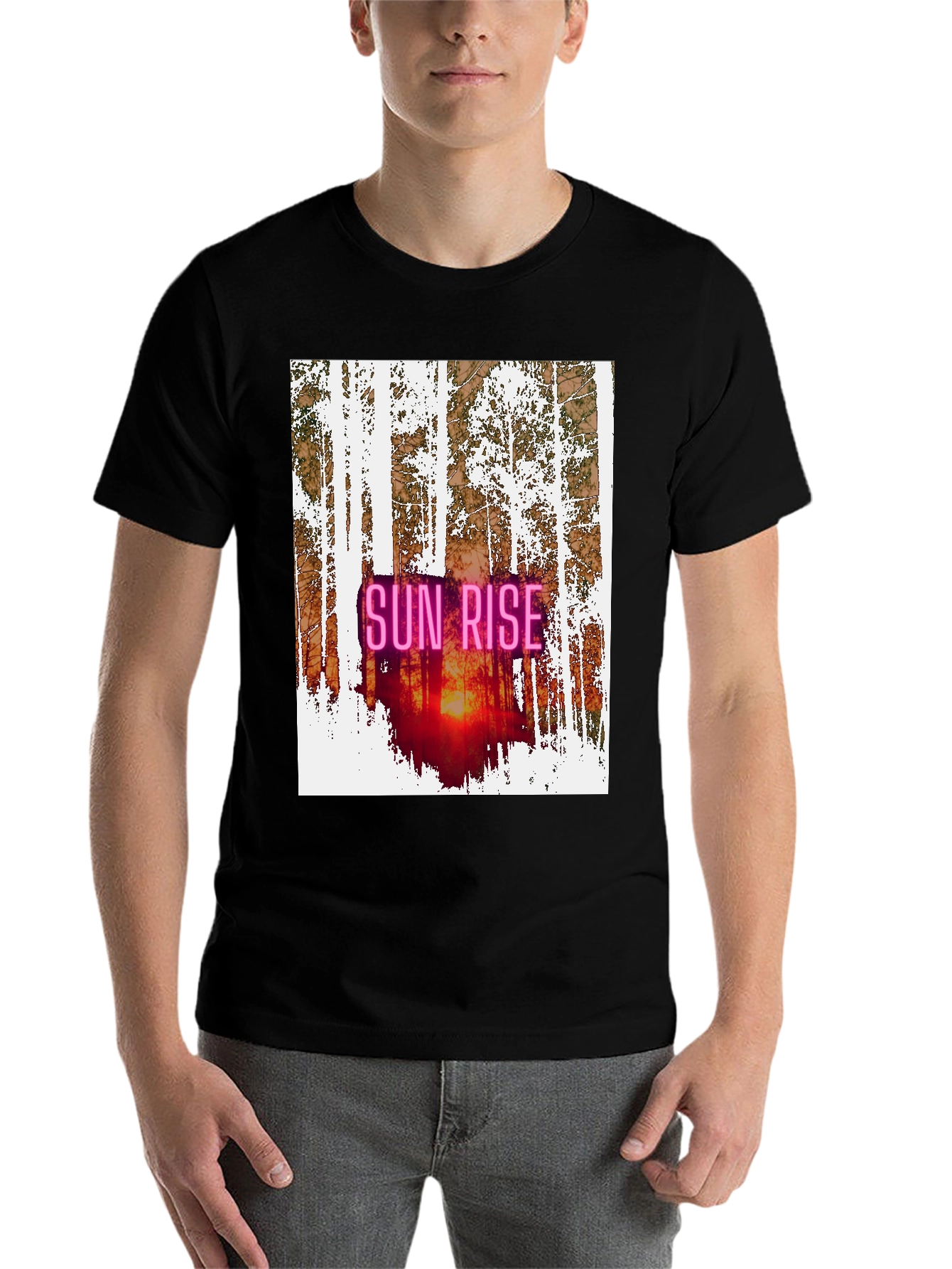 Black Sunrise Forest Graphic Tee - Nature Inspired Black T-Shirt view 7