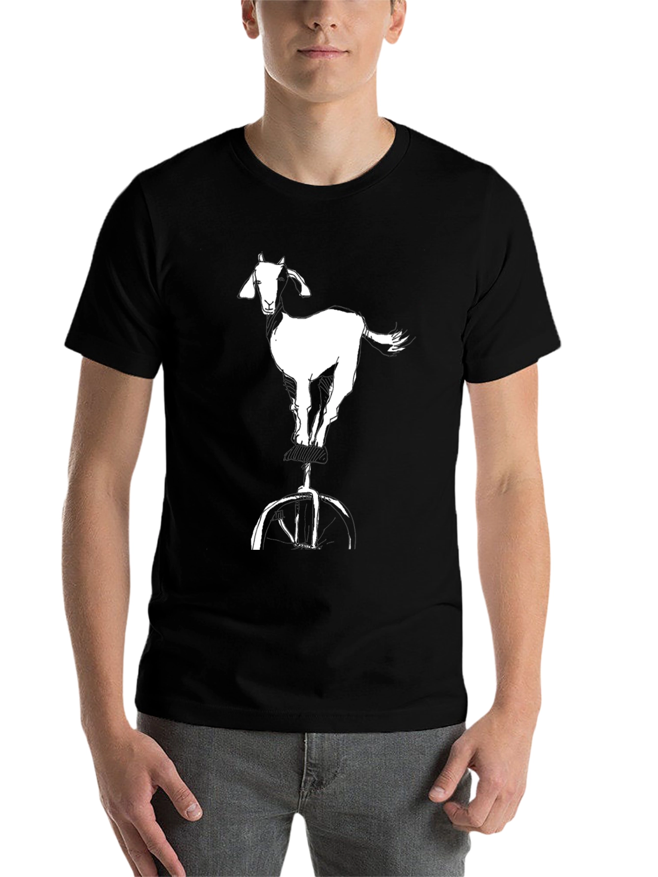 Black Goat on Unicycle Graphic Tee - Cool Casual Black T-Shirt view 7