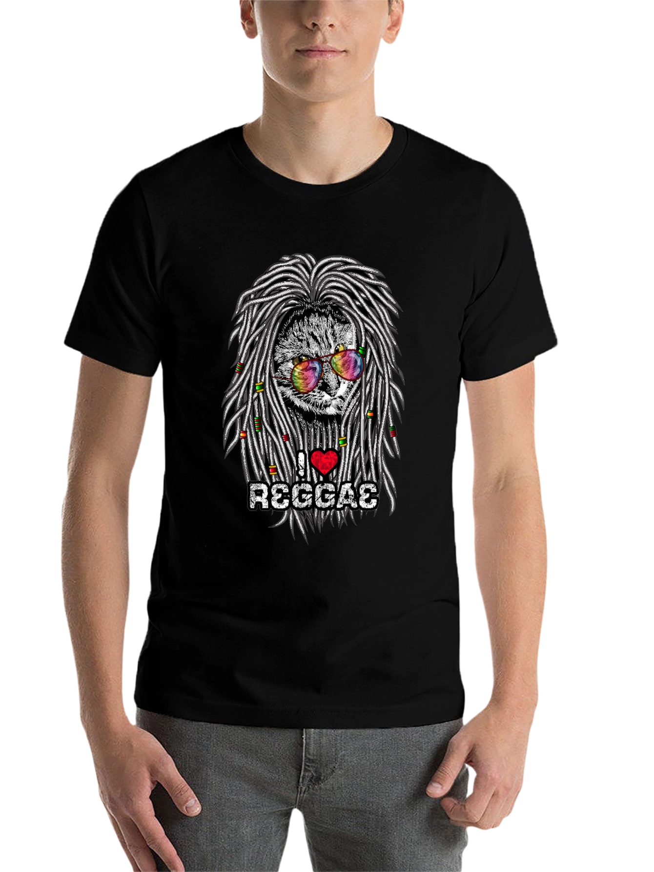 Black I Love Reggae Cat Graphic T-Shirt view 7