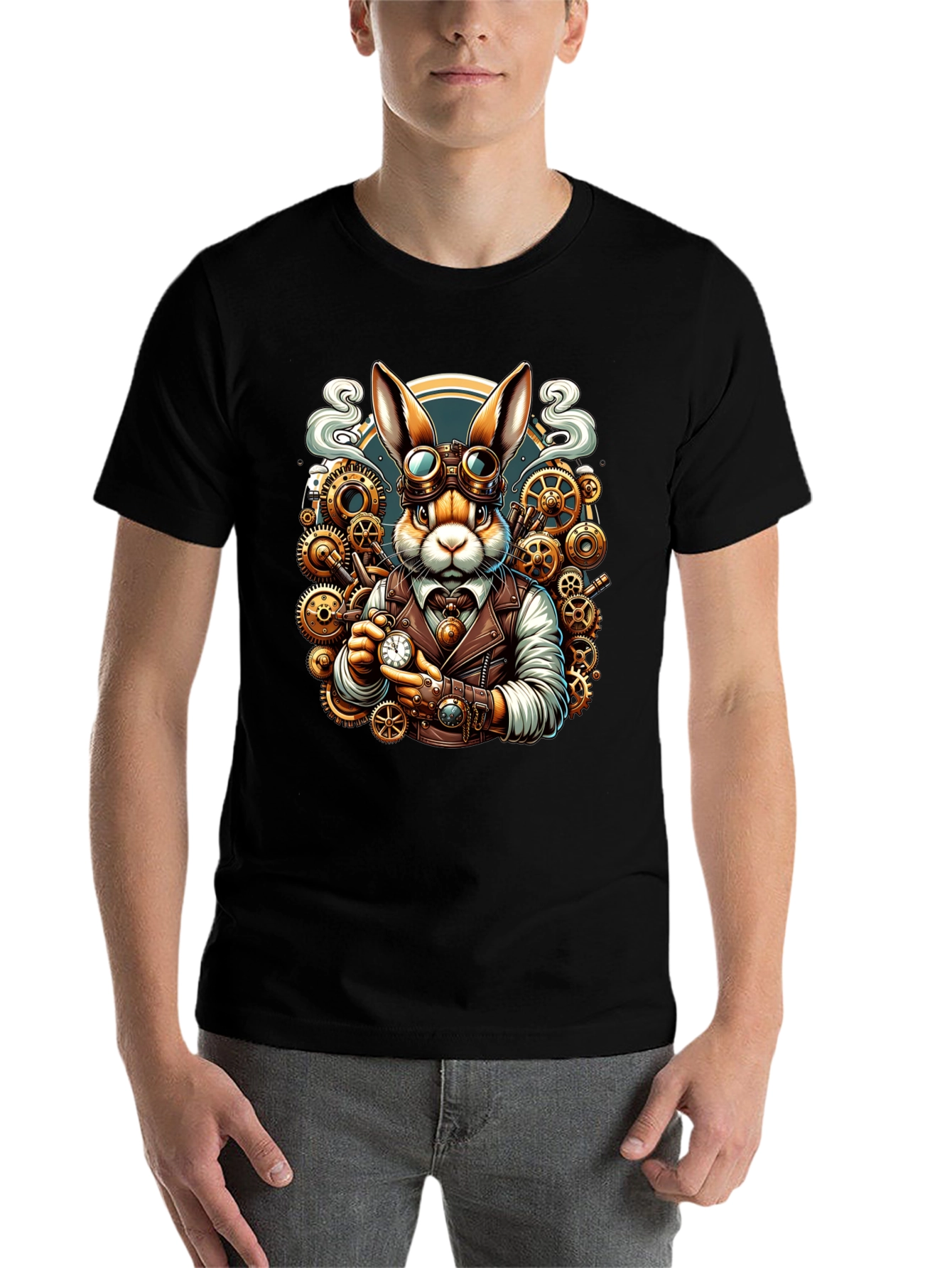 Black Steampunk Rabbit T-Shirt - Unique Design view 7