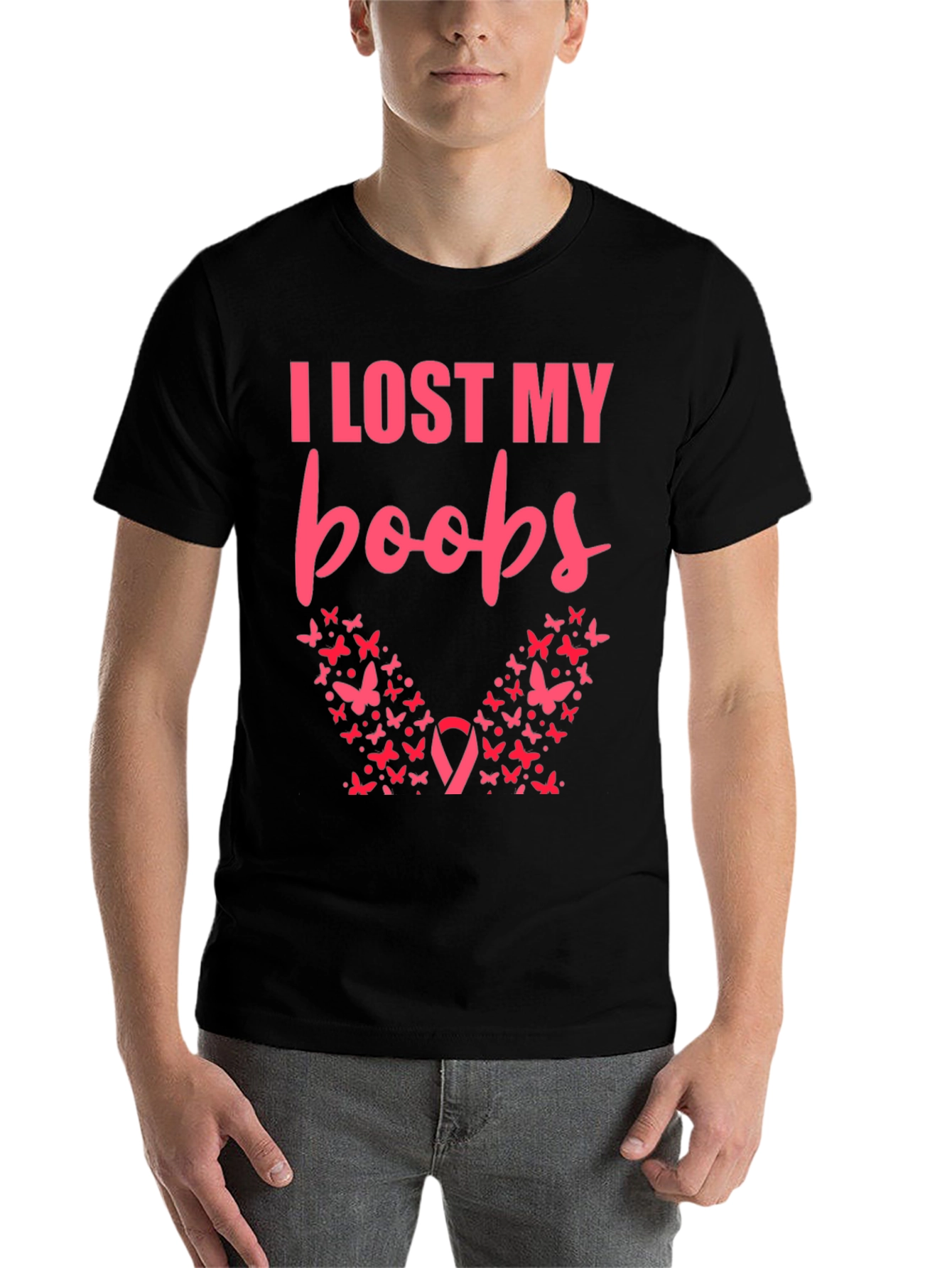 Black I Lost My Boobs Butterfly T-Shirt view 7