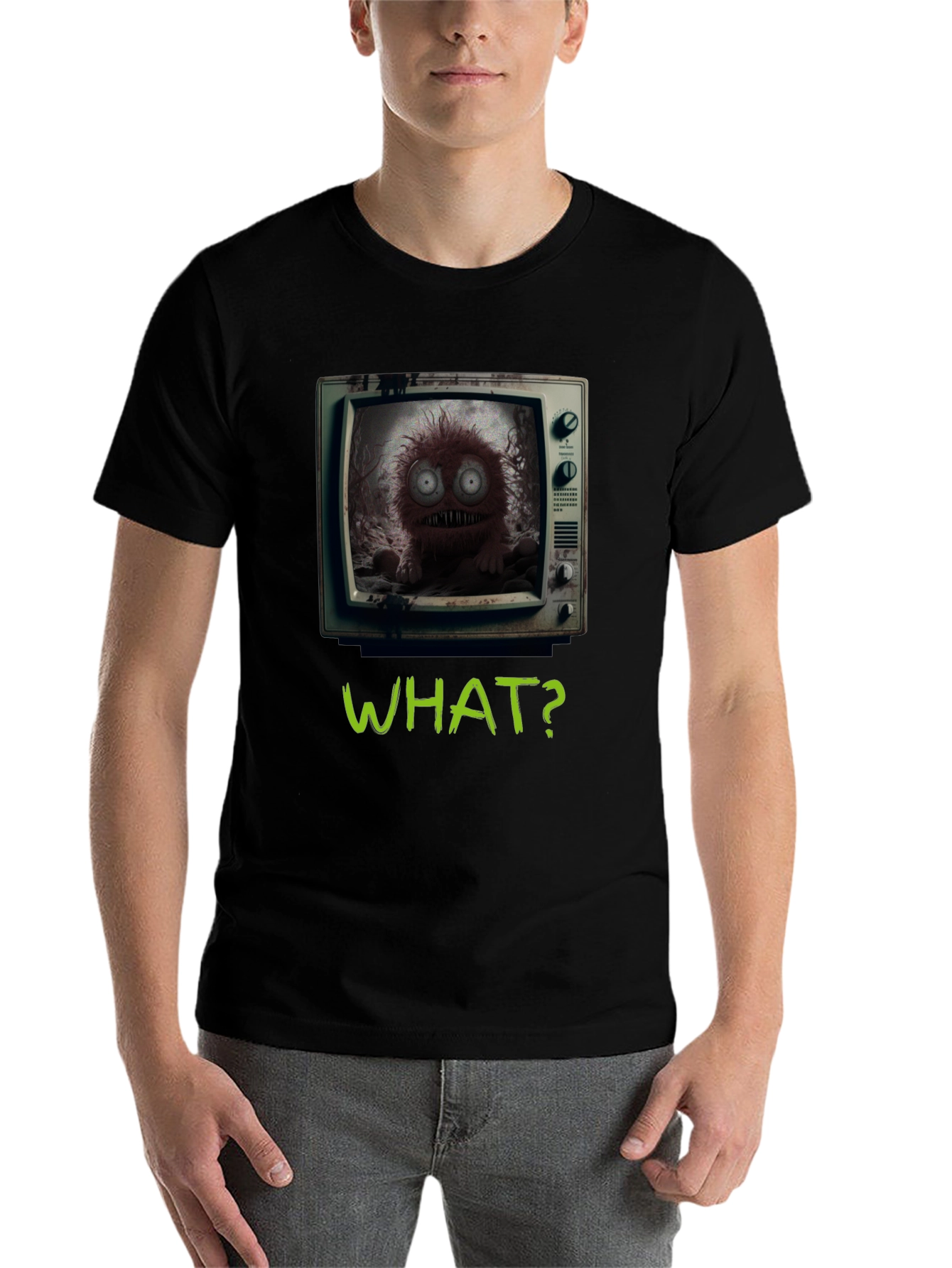 Black What? Monster TV Graphic Tee - Creepy Novelty T-Shirt view 7