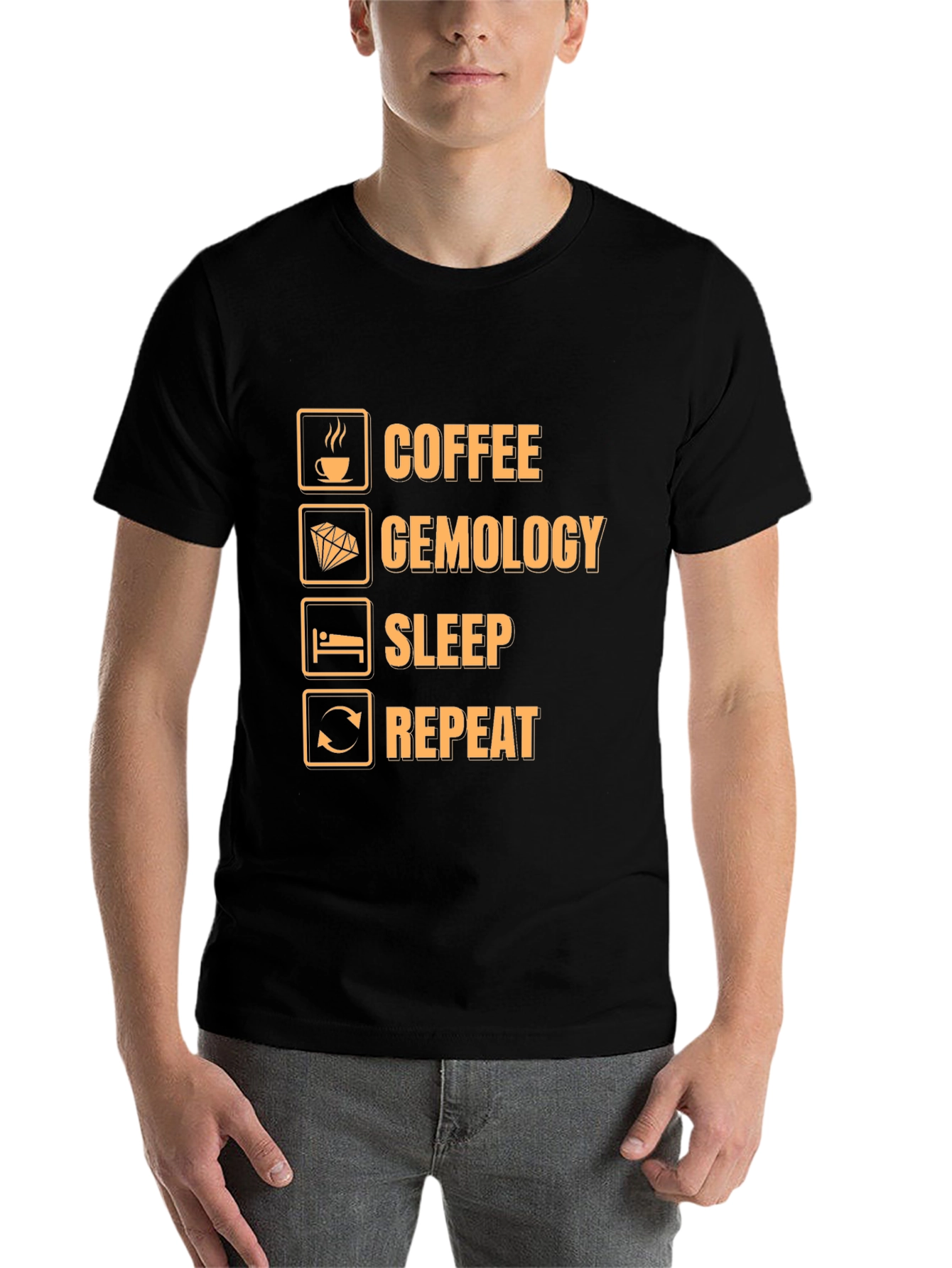 Black Coffee Gemology Sleep Repeat Funny Graphic T-Shirt view 7
