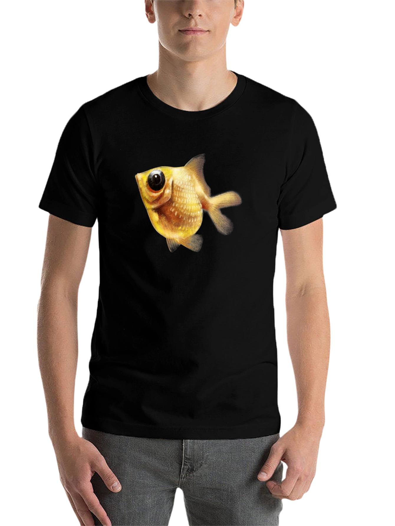 Black Men's Black T-Shirt with Goldfish Graphic view 7