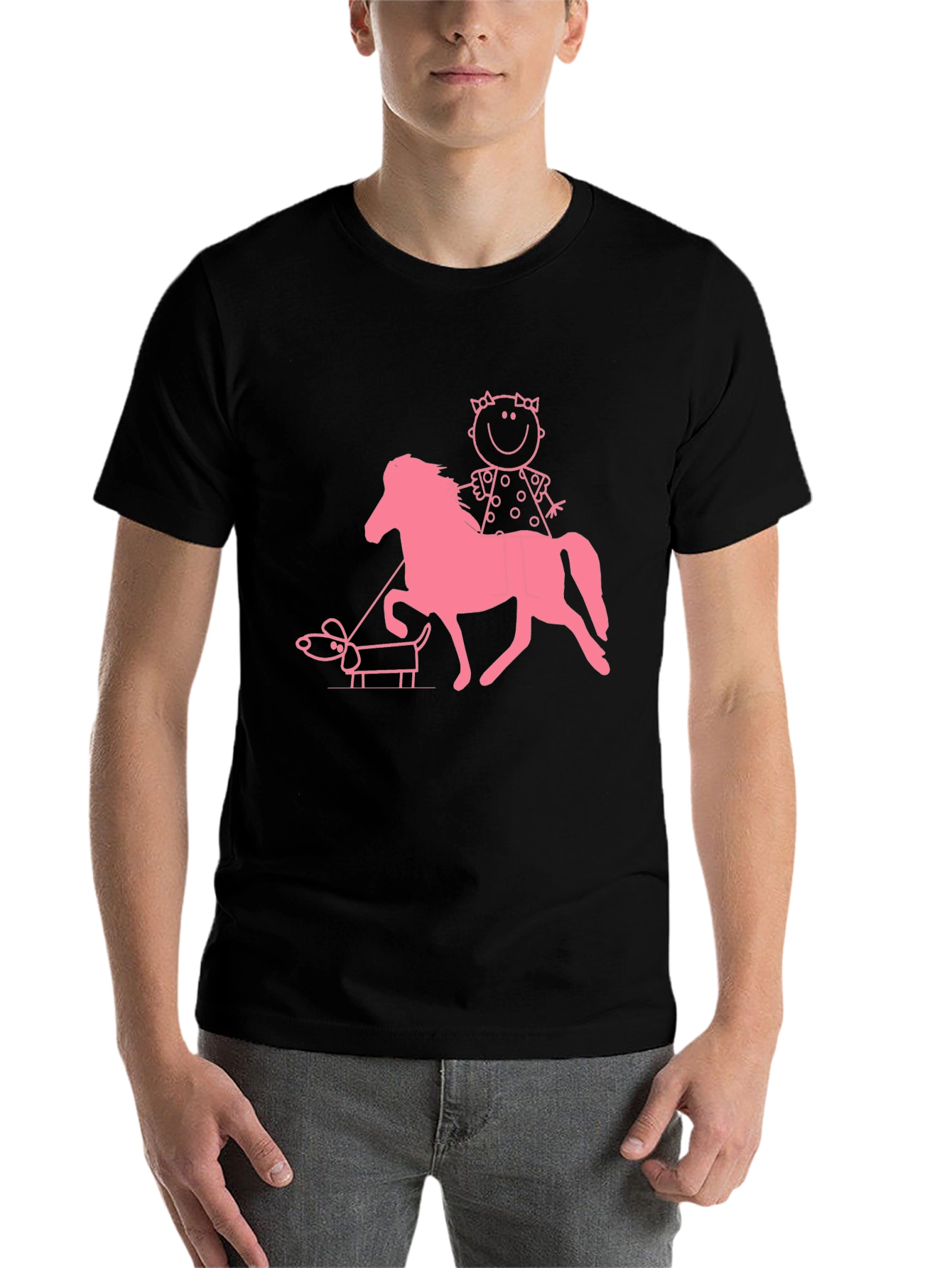 Black Playful Graphic Tee - Girl, Horse, and Dog Design view 7