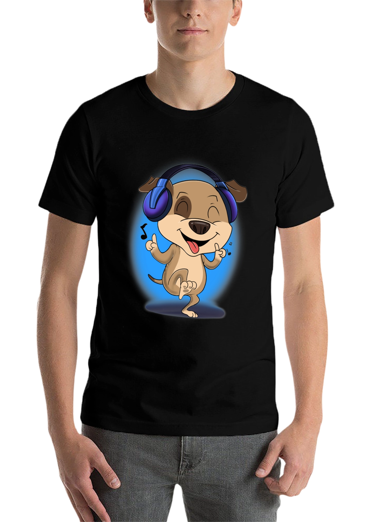 Black Cool Dog with Headphones Black T-Shirt view 7