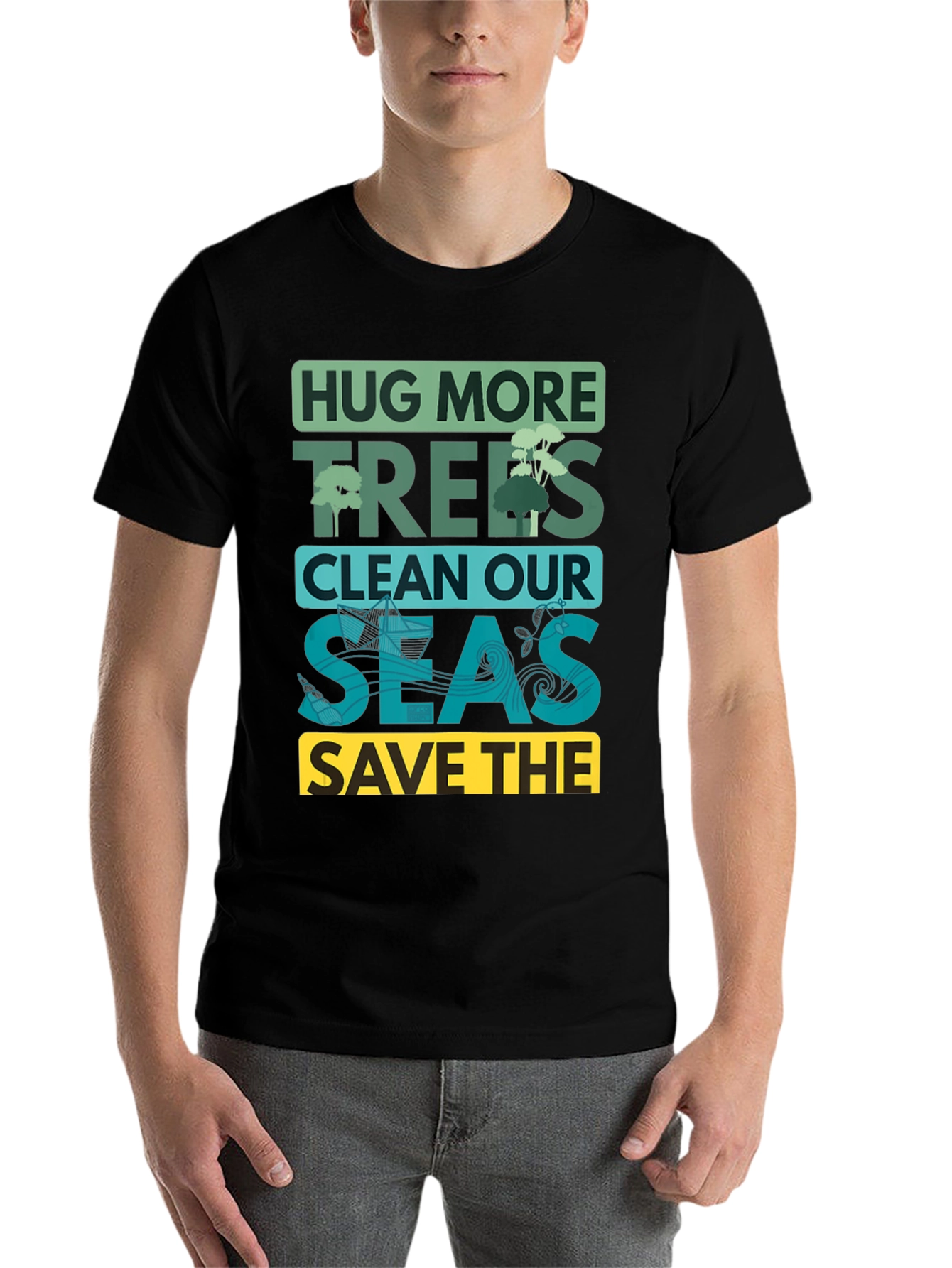Black Eco-Friendly Graphic T-Shirt: Hug More Trees view 7