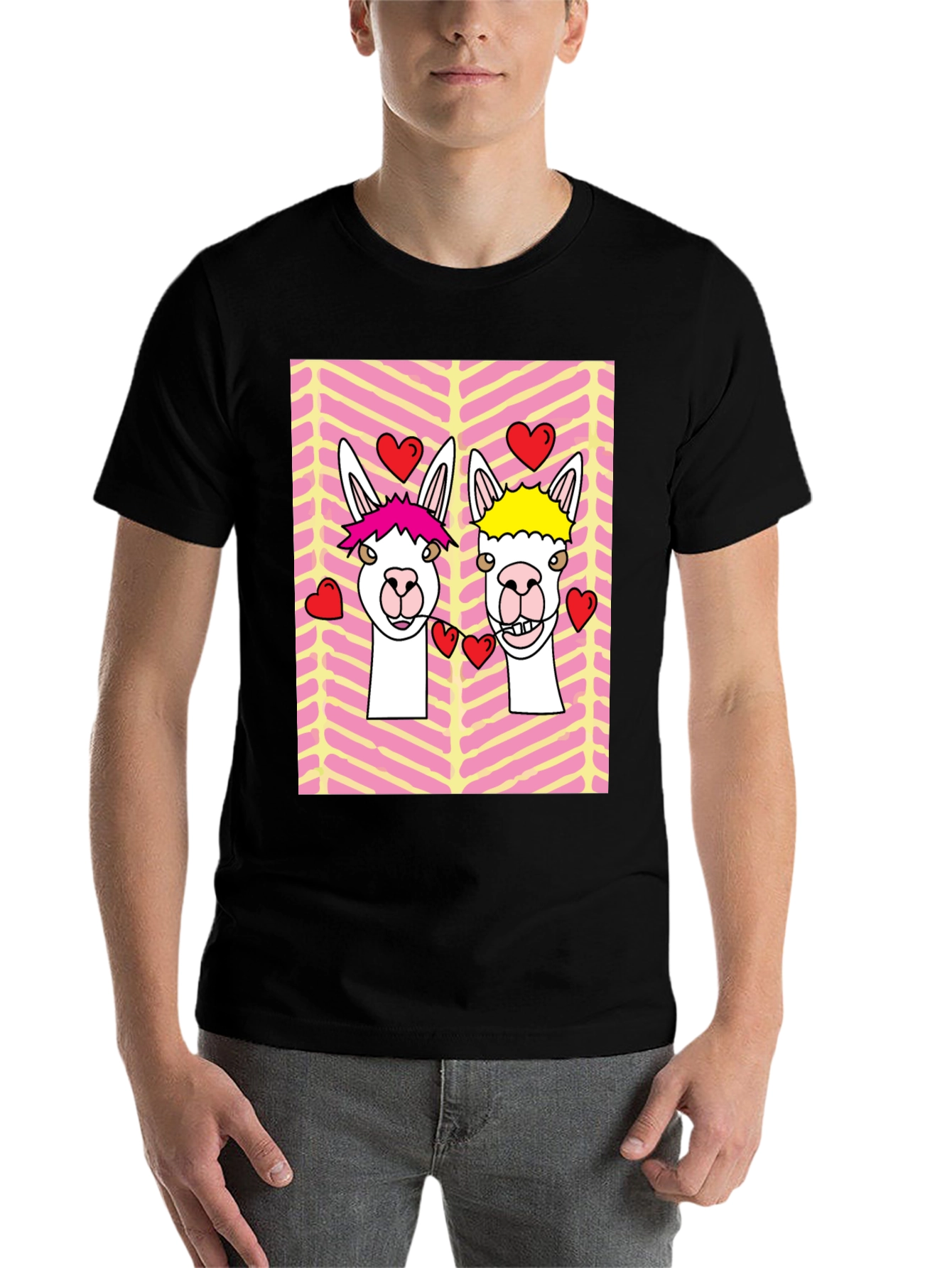 Black Llama Love Graphic Tee - Valentine's Day Black T-Shirt view 7