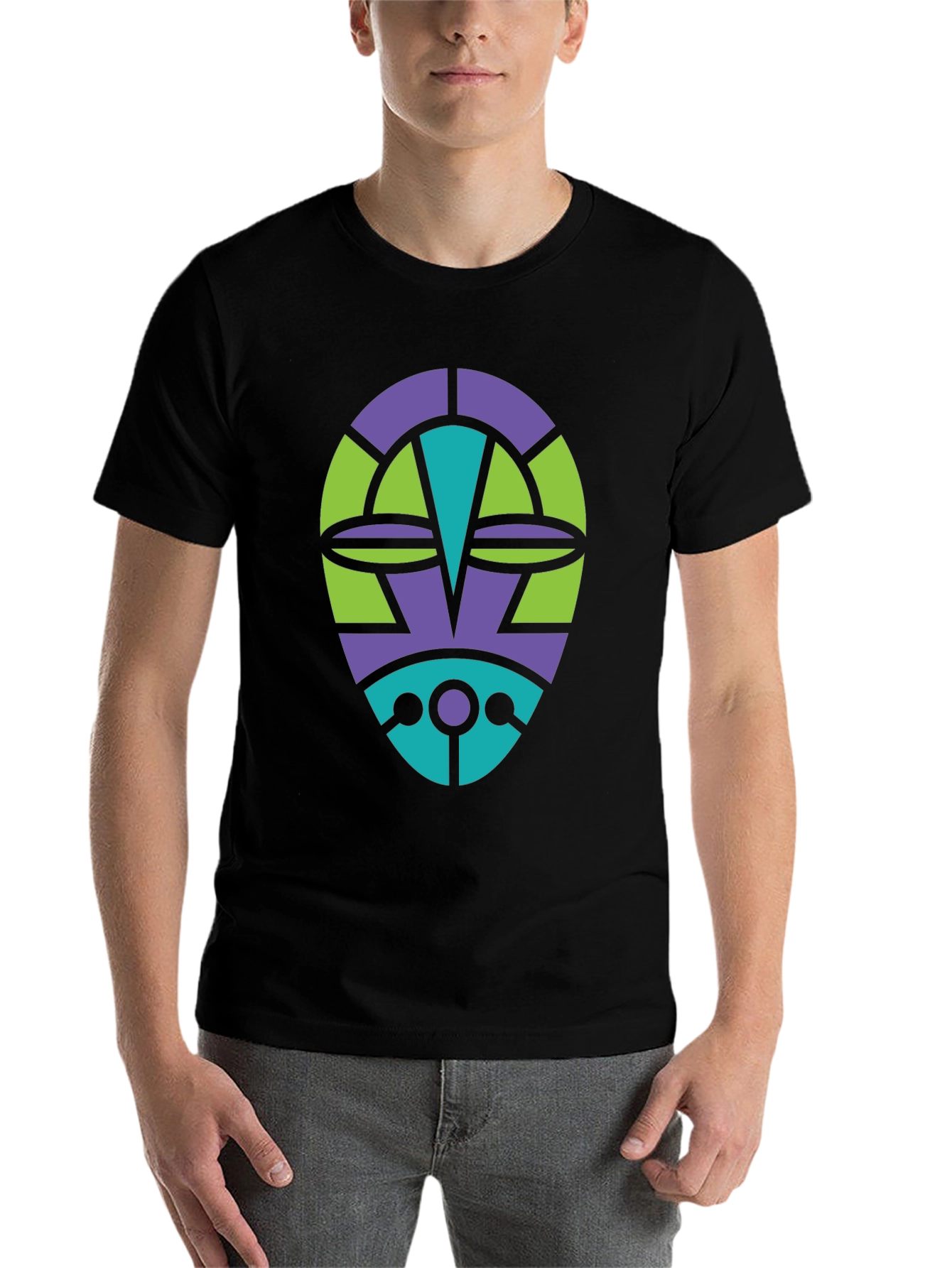 Black Abstract Tribal Mask Graphic T-Shirt view 7
