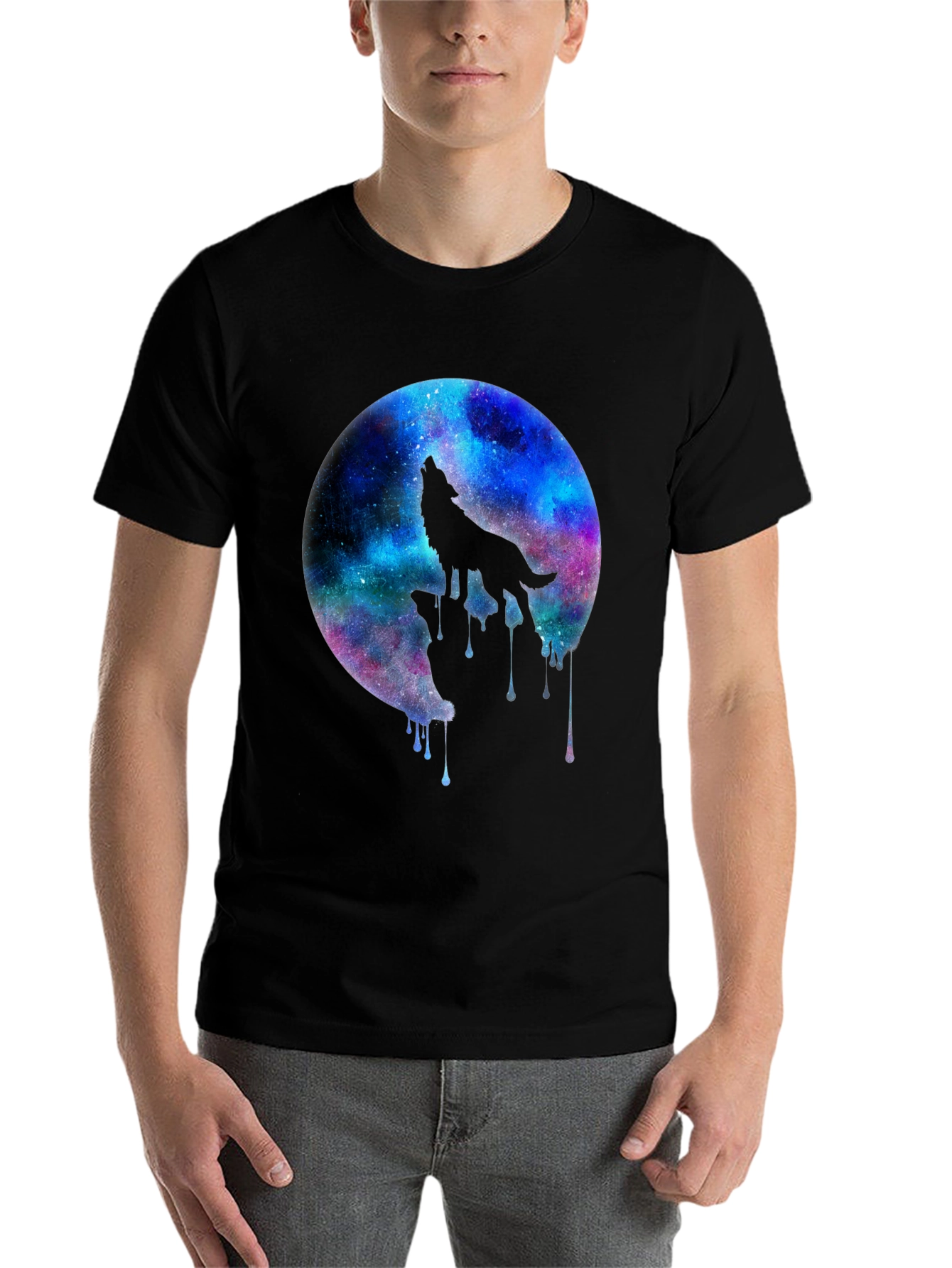 Black Galaxy Wolf Howl Black T-Shirt view 7