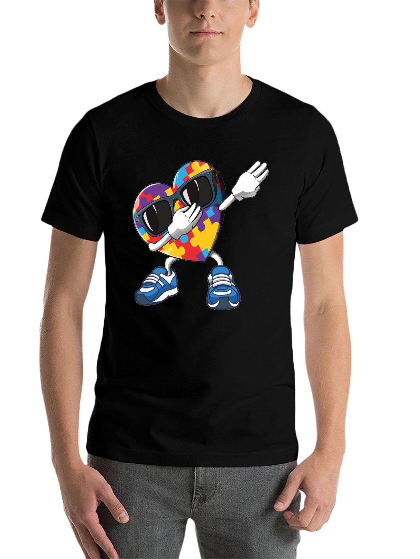 Black Autism Awareness Puzzle Heart Dabbing T-Shirt view 7