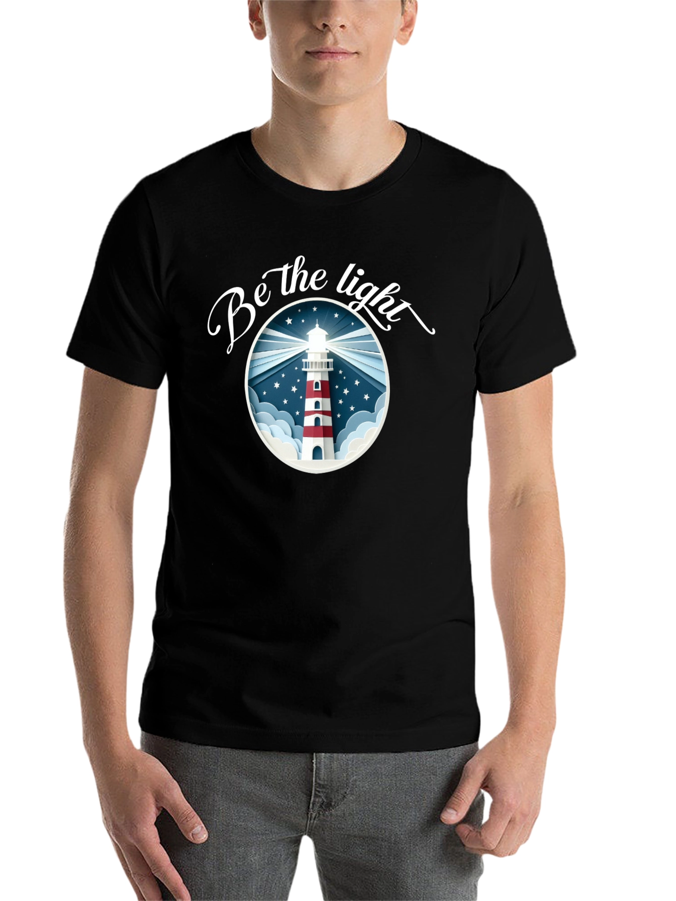Black Be the Light Lighthouse Graphic Tee - Black Cotton T-Shirt view 7