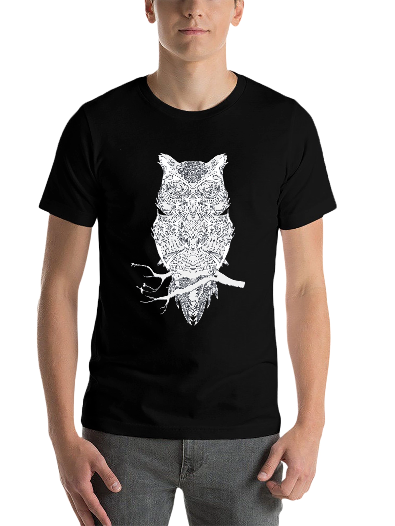 Black Owl on Branch Black Tee - Unique Graphic Design view 7