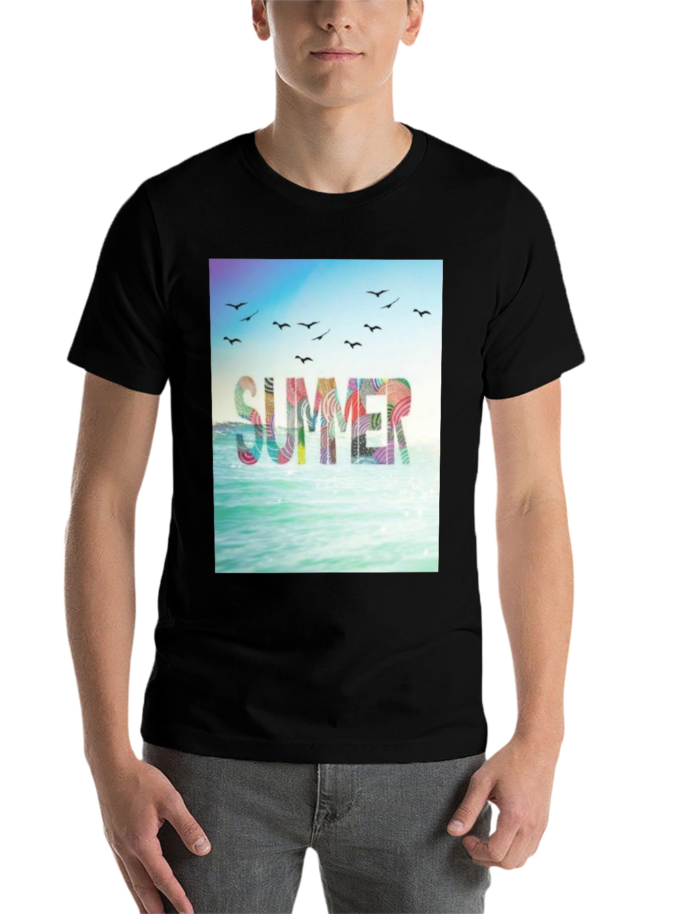 Black Summer Beach Graphic Tee - Black Cotton T-Shirt view 7