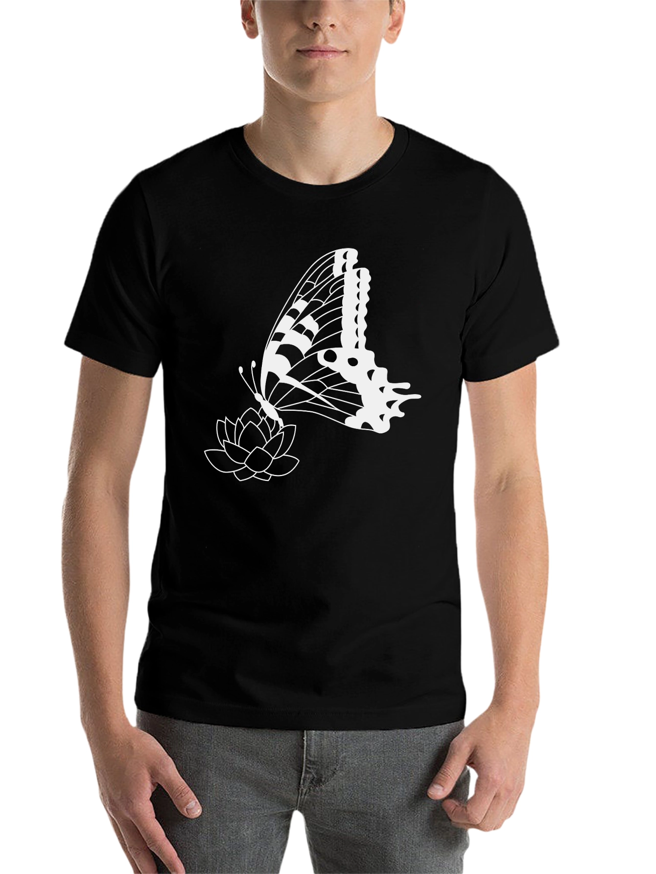 Black Butterfly & Lotus Graphic Tee - Stylish Black T-Shirt view 7