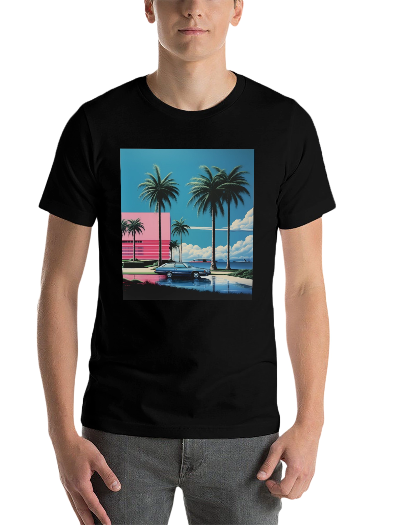 Black Miami Vice Style T-Shirt, Retro Car & Palms view 7