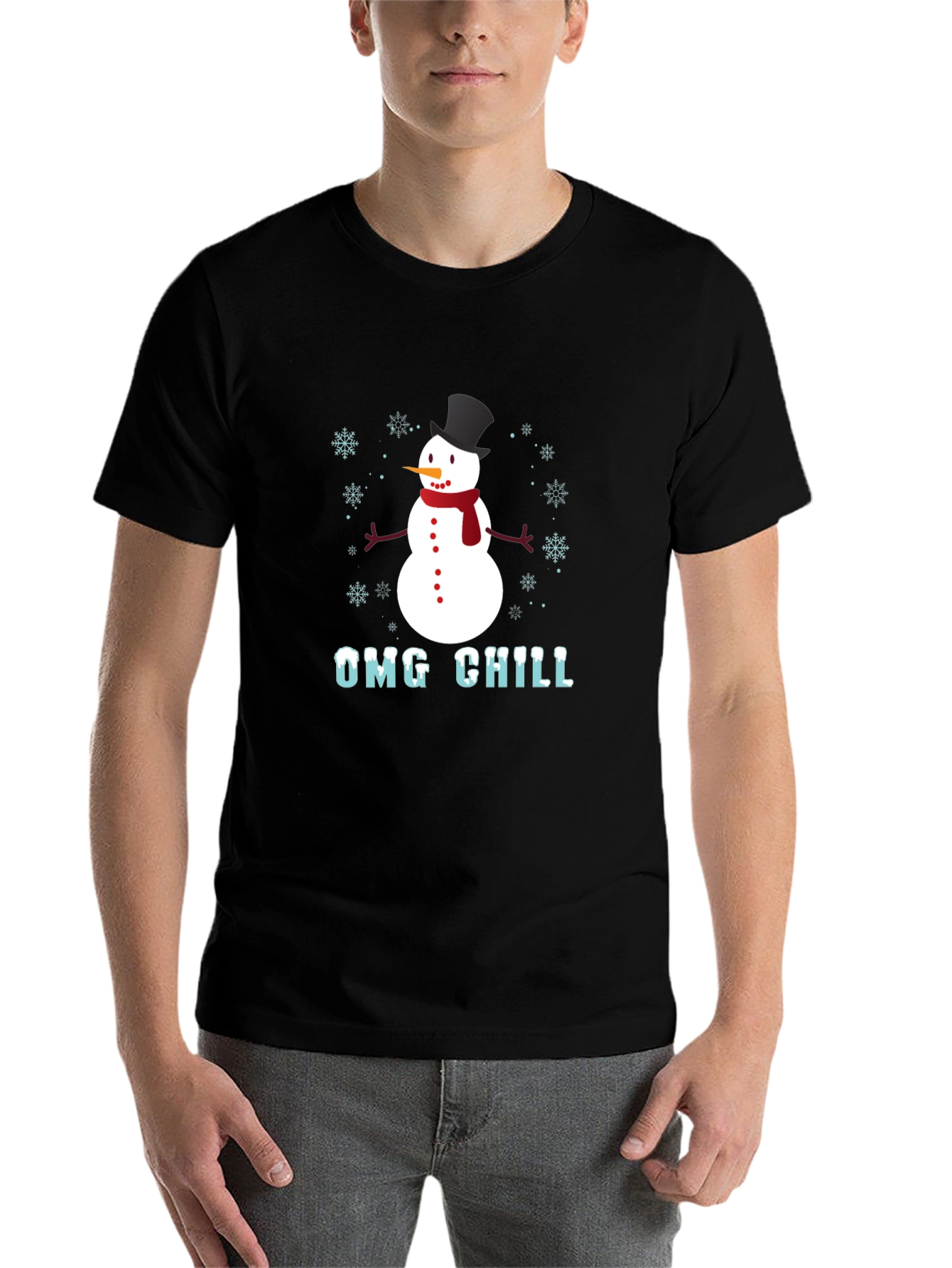 Black OMG Chill Snowman Graphic Tee - Winter Holiday Shirt view 7