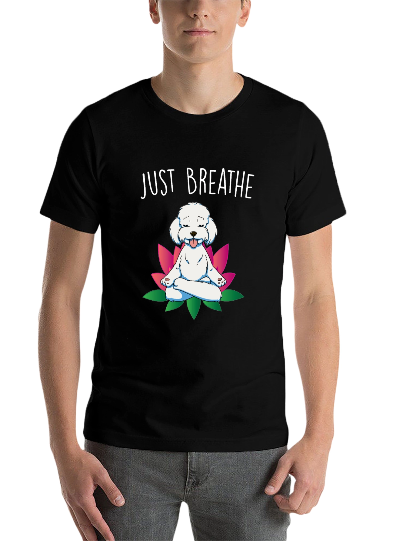 Black Just Breathe Dog Meditation T-Shirt view 7