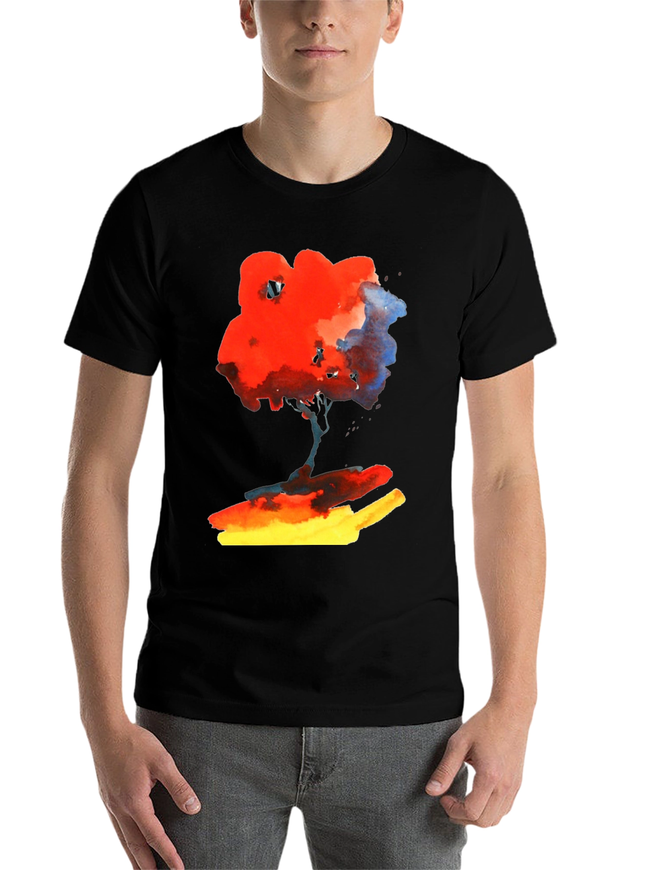 Abstract Watercolor Tree Graphic Tee - Soft Black Cotton Shirt - 7