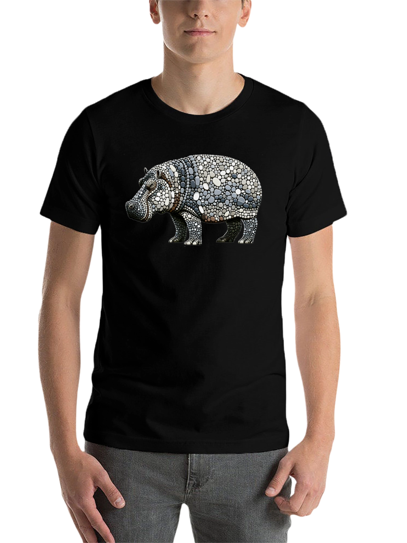 Black Hippo Pebble Art Graphic Tee - Black Cotton Shirt view 7