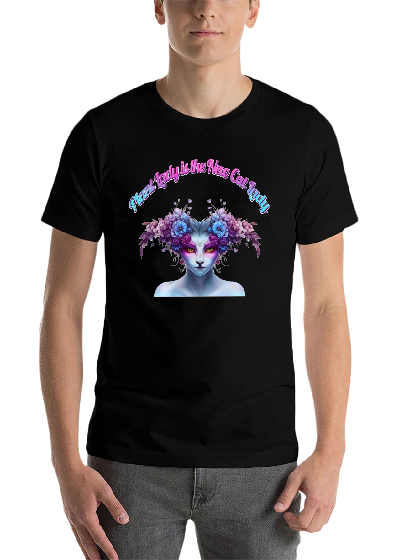 Black Plant Lady Cat T-Shirt - Unique Floral Design view 7
