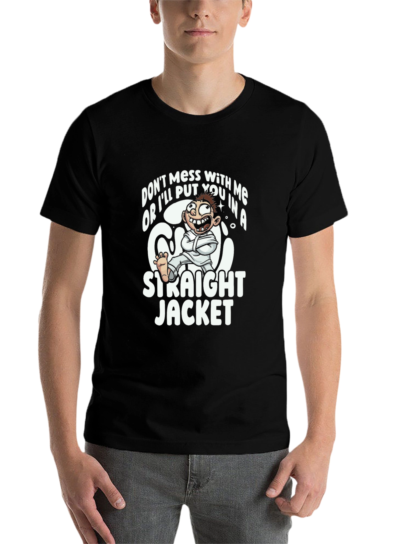 Black Funny Straight Jacket Cartoon Graphic T-Shirt view 7