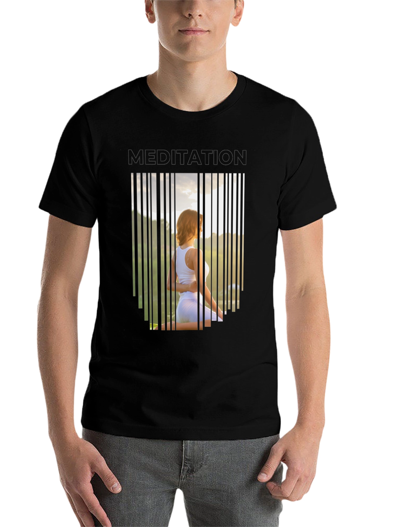 Black Meditation T-Shirt - Zen Barcode Design view 7