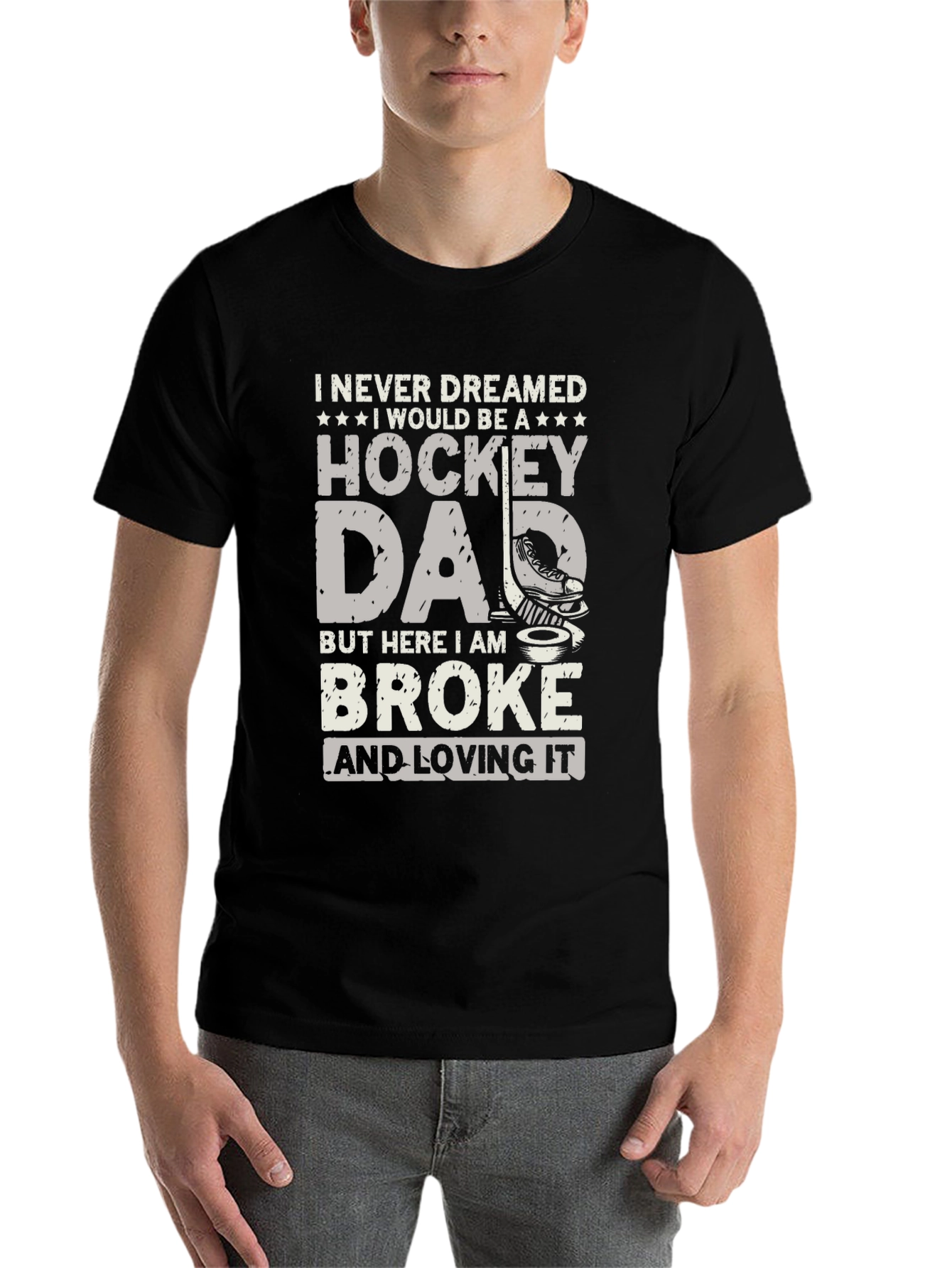 Black Hockey Dad T-Shirt - Broke and Loving It view 7