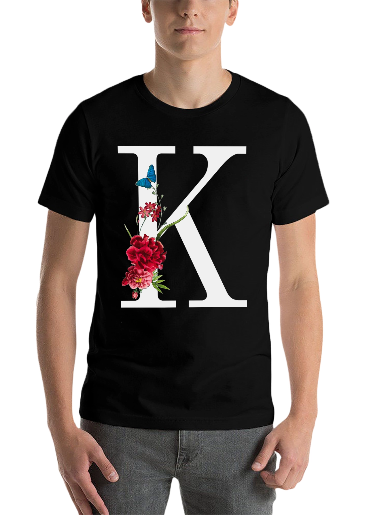 Black Floral Letter K Black T-Shirt view 7