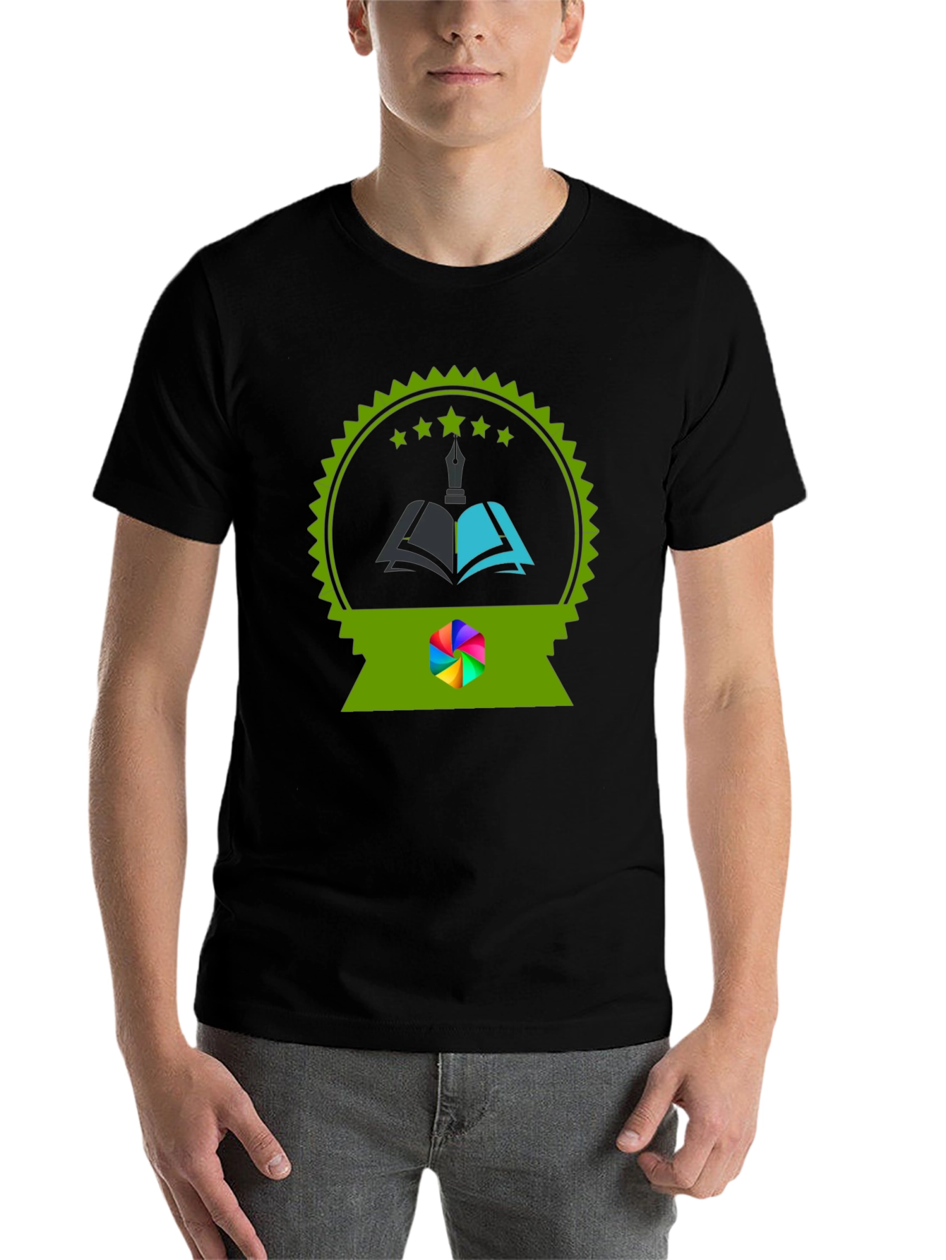 Black Stylish Black Tee with Unique Book & Quill Graphic view 7