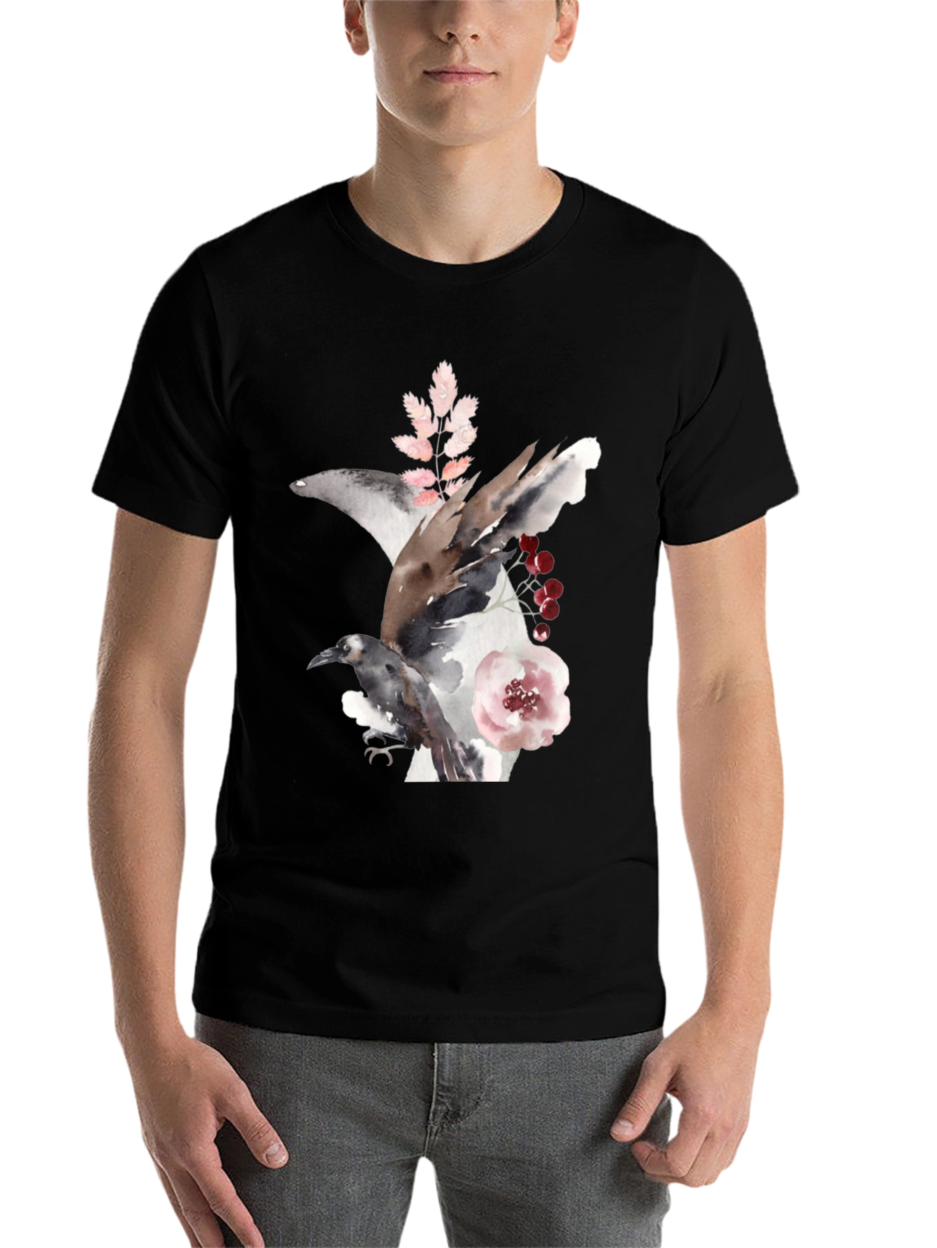 Black Raven & Floral Watercolor Tee view 7