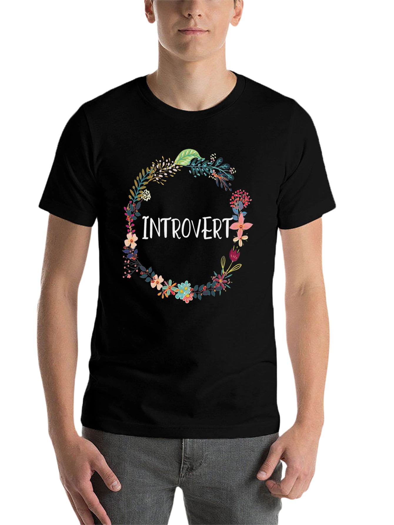 Black Introvert Floral Wreath Black T-Shirt view 7