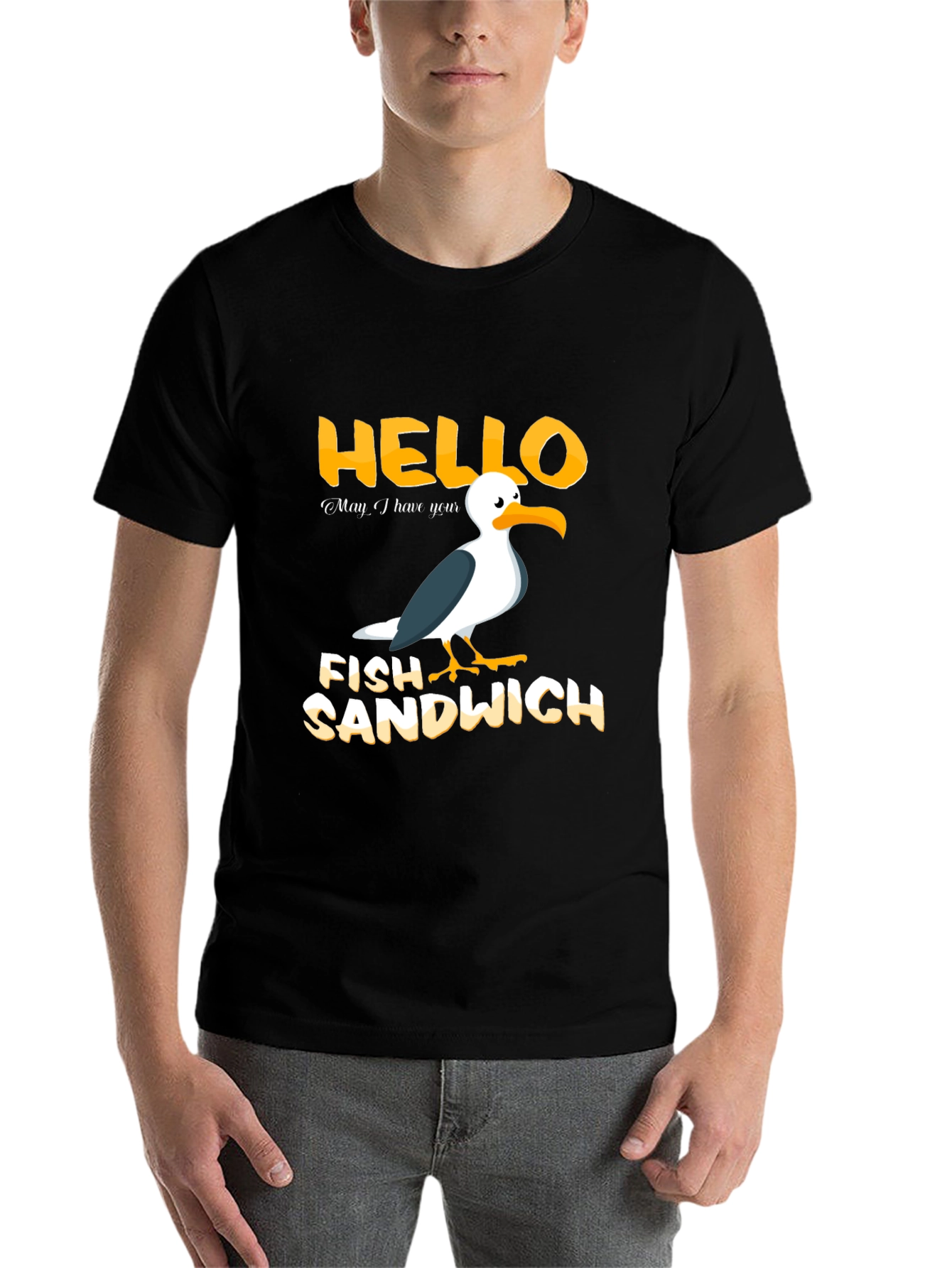 Black Hello Fish Sandwich T-Shirt Funny Seagull Humor Tee view 7