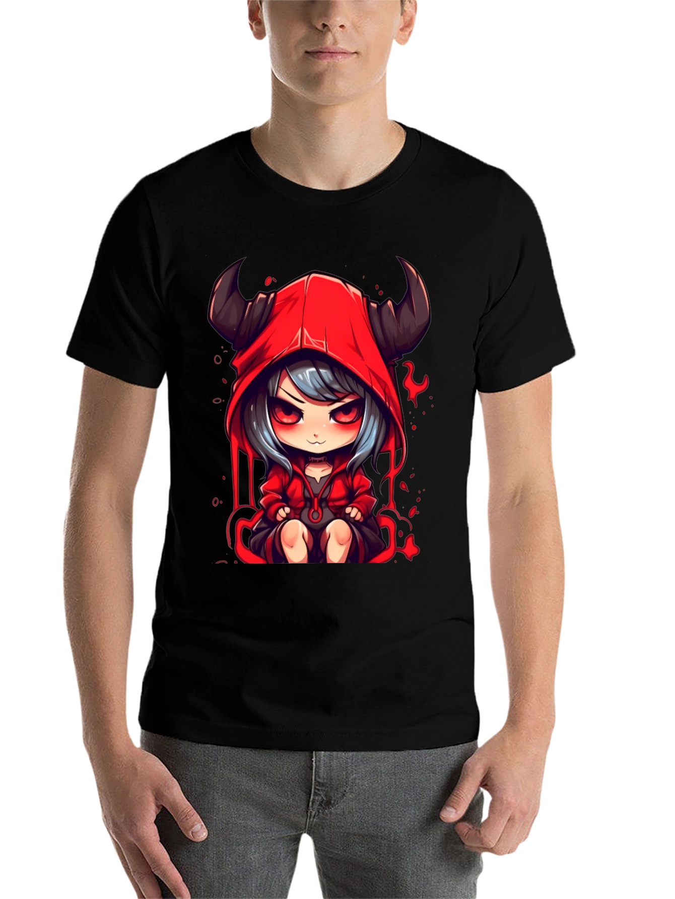 Black Anime Devil Girl Graphic Tee - Black Cotton T-Shirt view 7