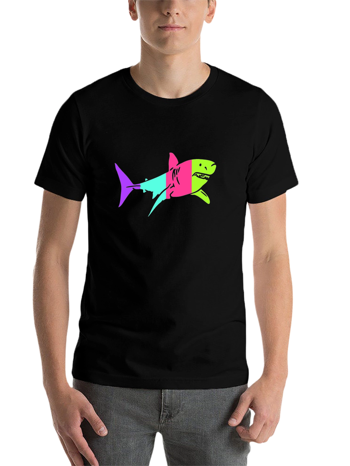 Black Neon Shark Graphic Print Black T-Shirt view 7