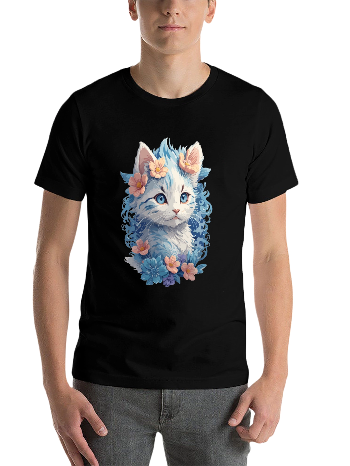 Black Floral Cat Graphic Tee - Unique Kitten Design view 7