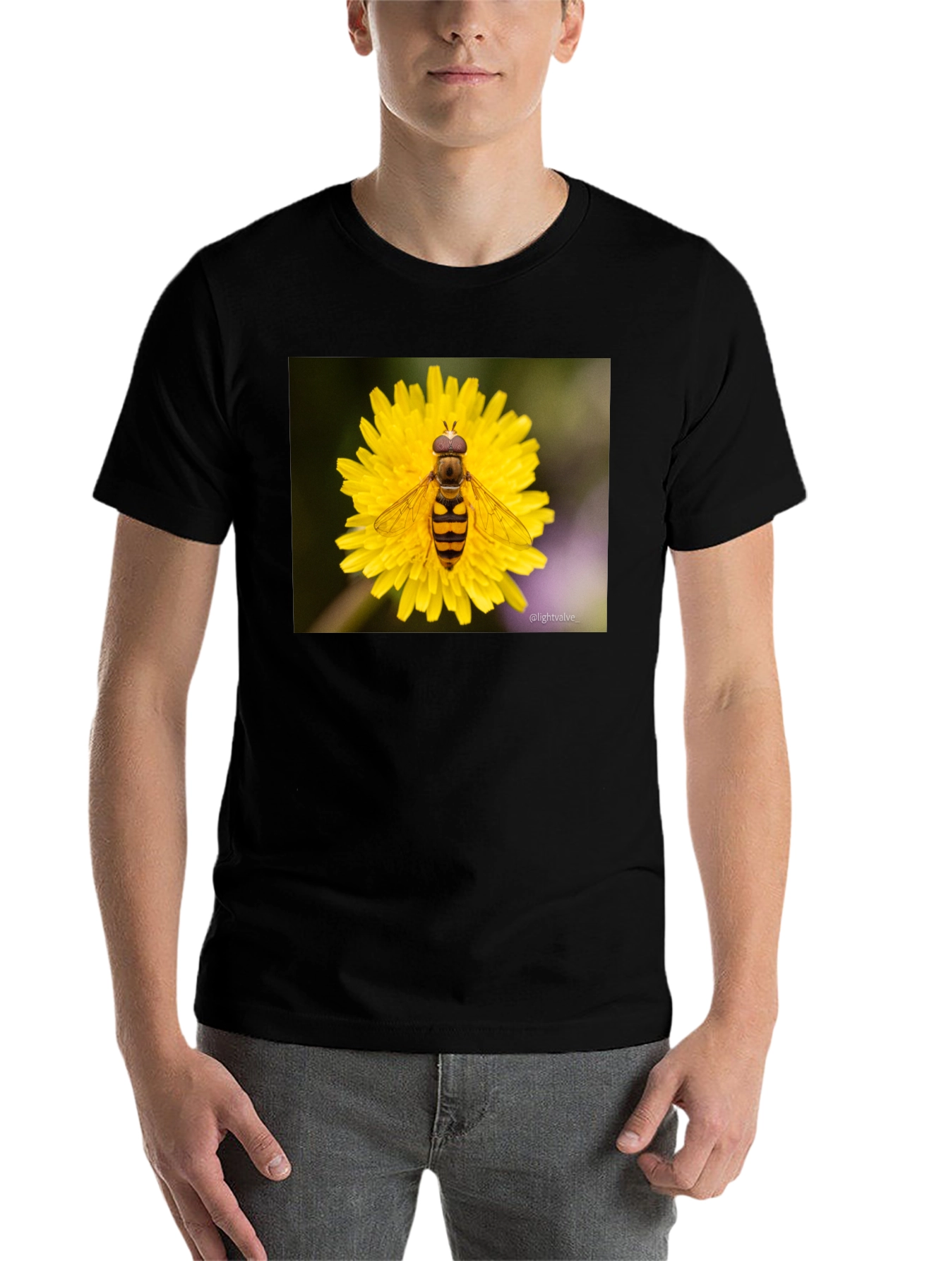 Black Bee on Flower Graphic Tee - Black Cotton T-Shirt view 7