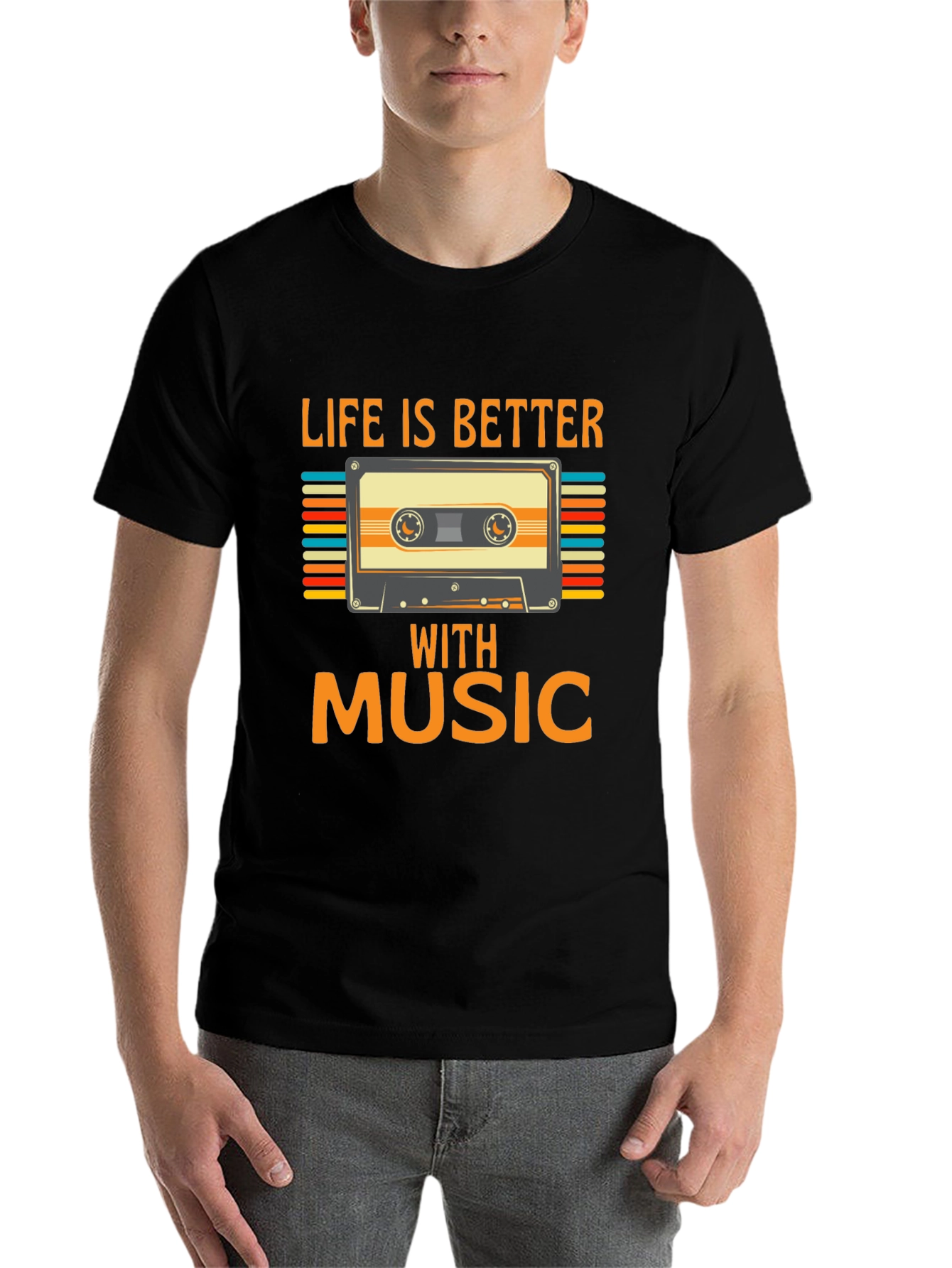 Black Retro Music Cassette T-Shirt - Life is Better With Music view 7