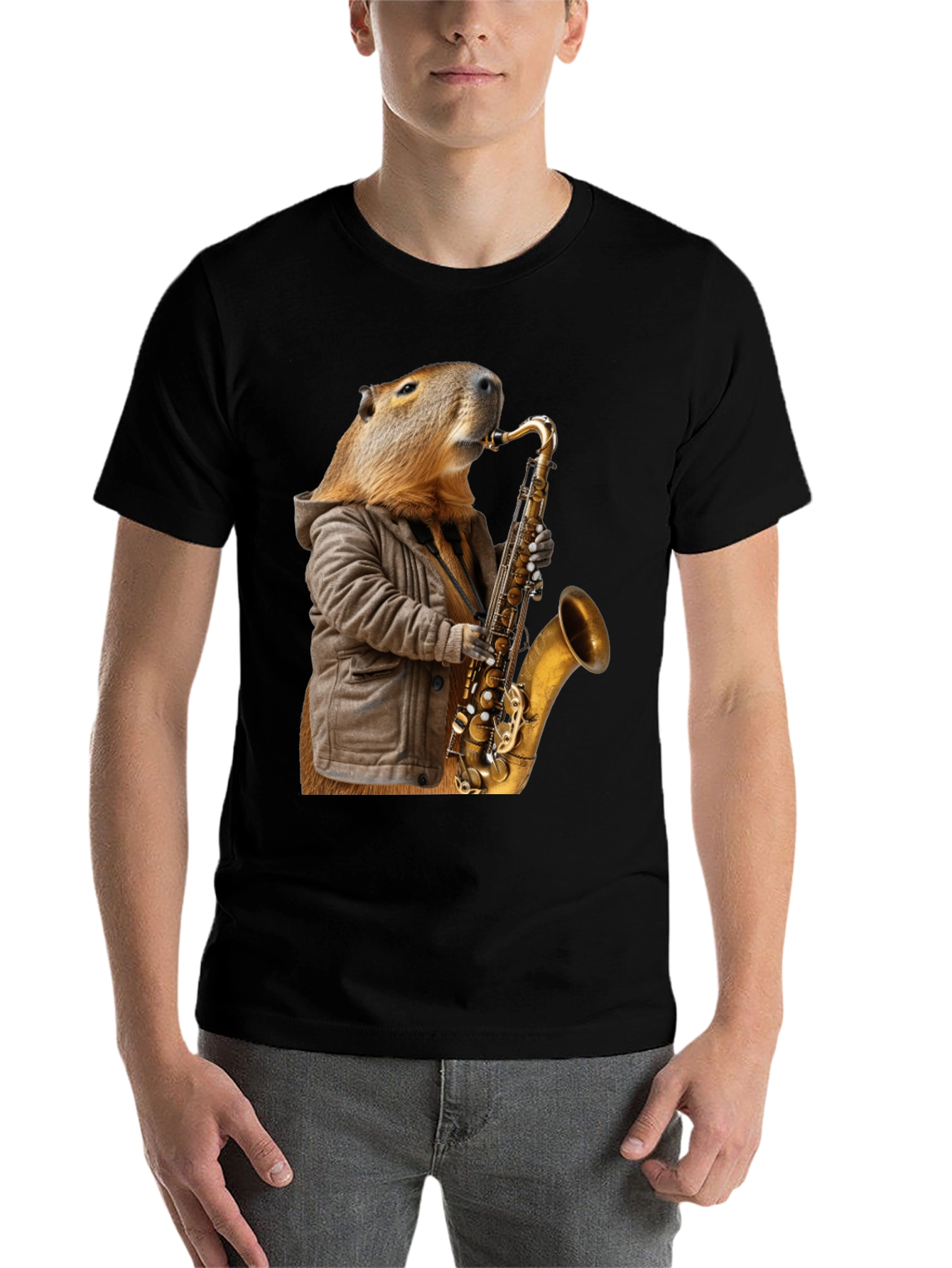 Black Capybara Saxophone T-Shirt view 7