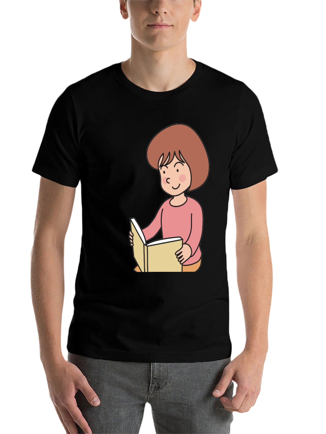 Black Reading Girl Black T-Shirt - Cute Cartoon Design view 7