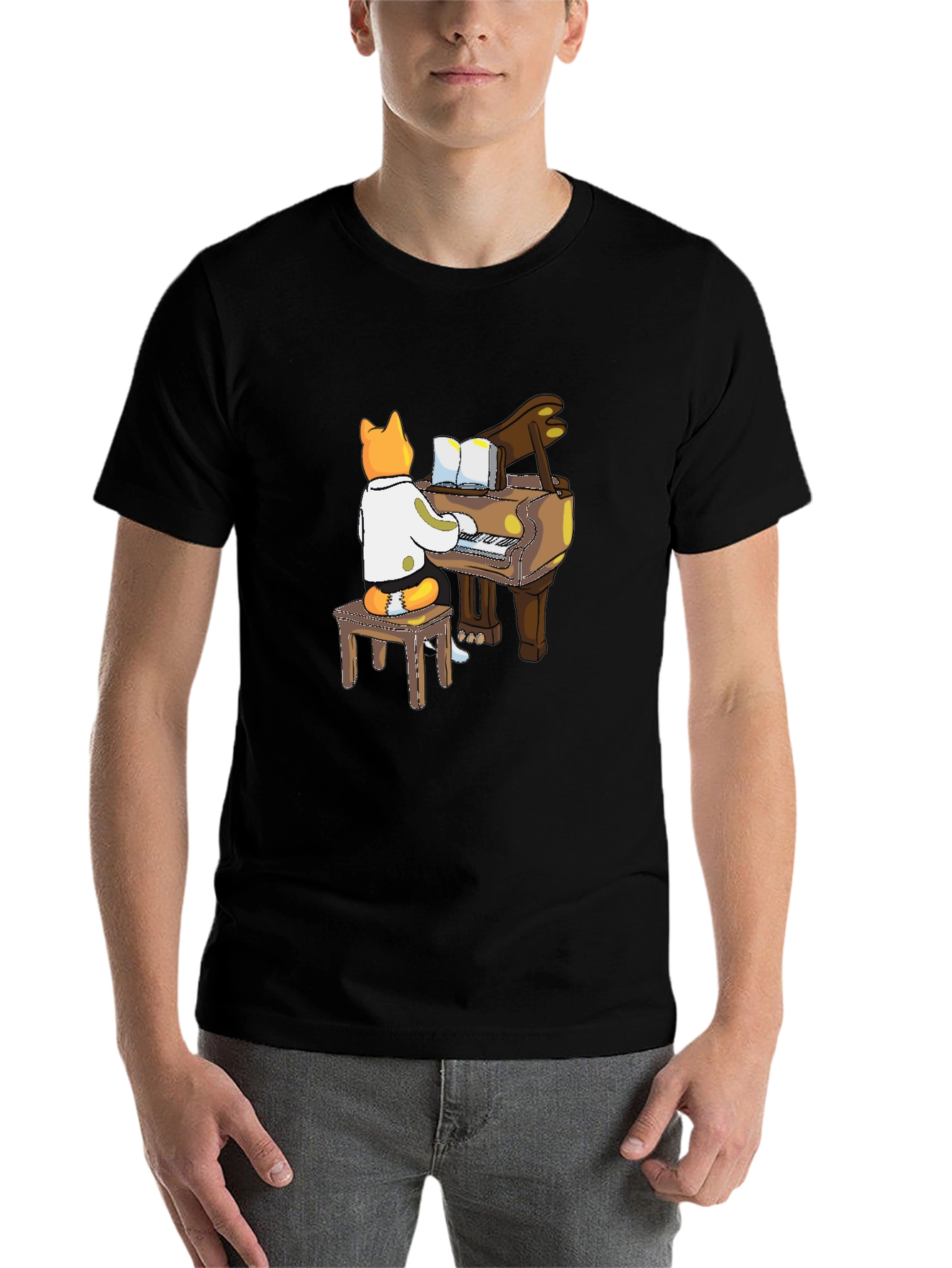Black Cat Pianist T-Shirt - Black Graphic Tee view 7
