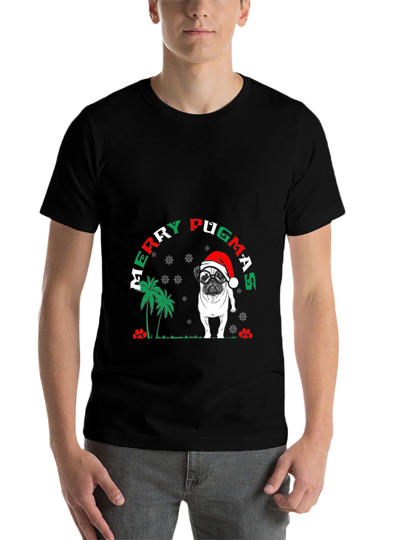 Black Merry Pugmas Christmas T-Shirt view 7