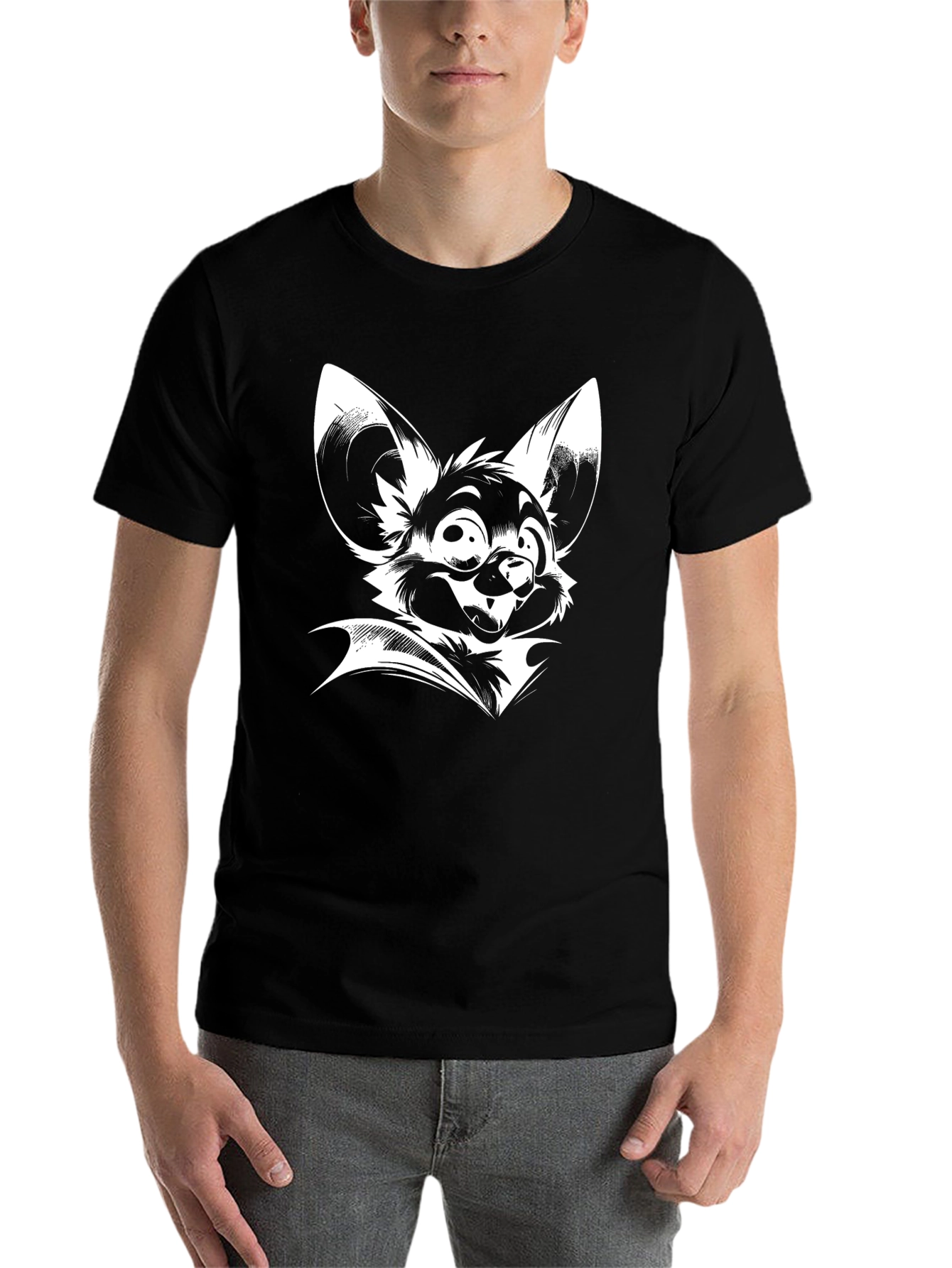 Black Black T-Shirt with White Bat Cartoon Print view 7